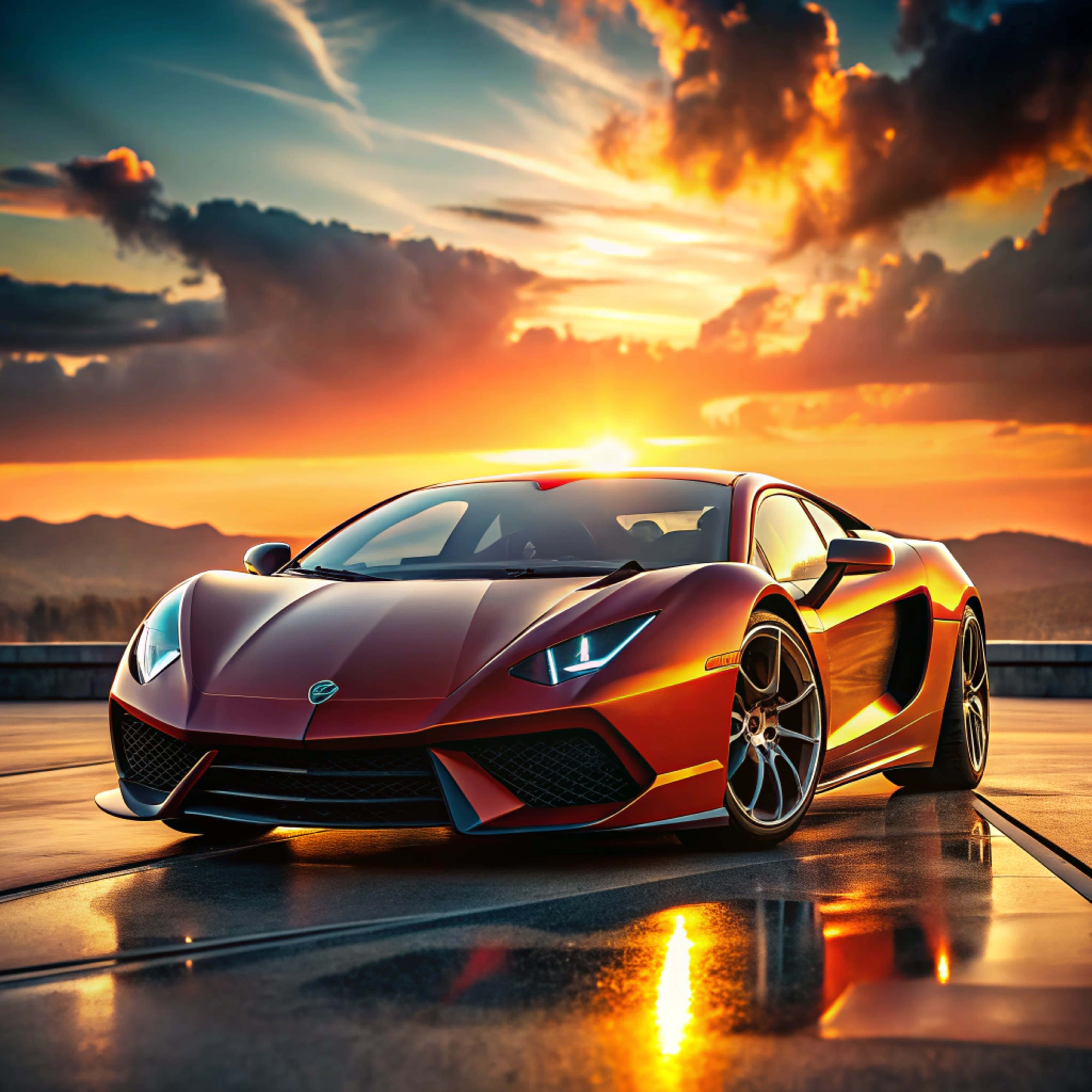 sports car, red, sunset, 8K Desktop Wallpaper