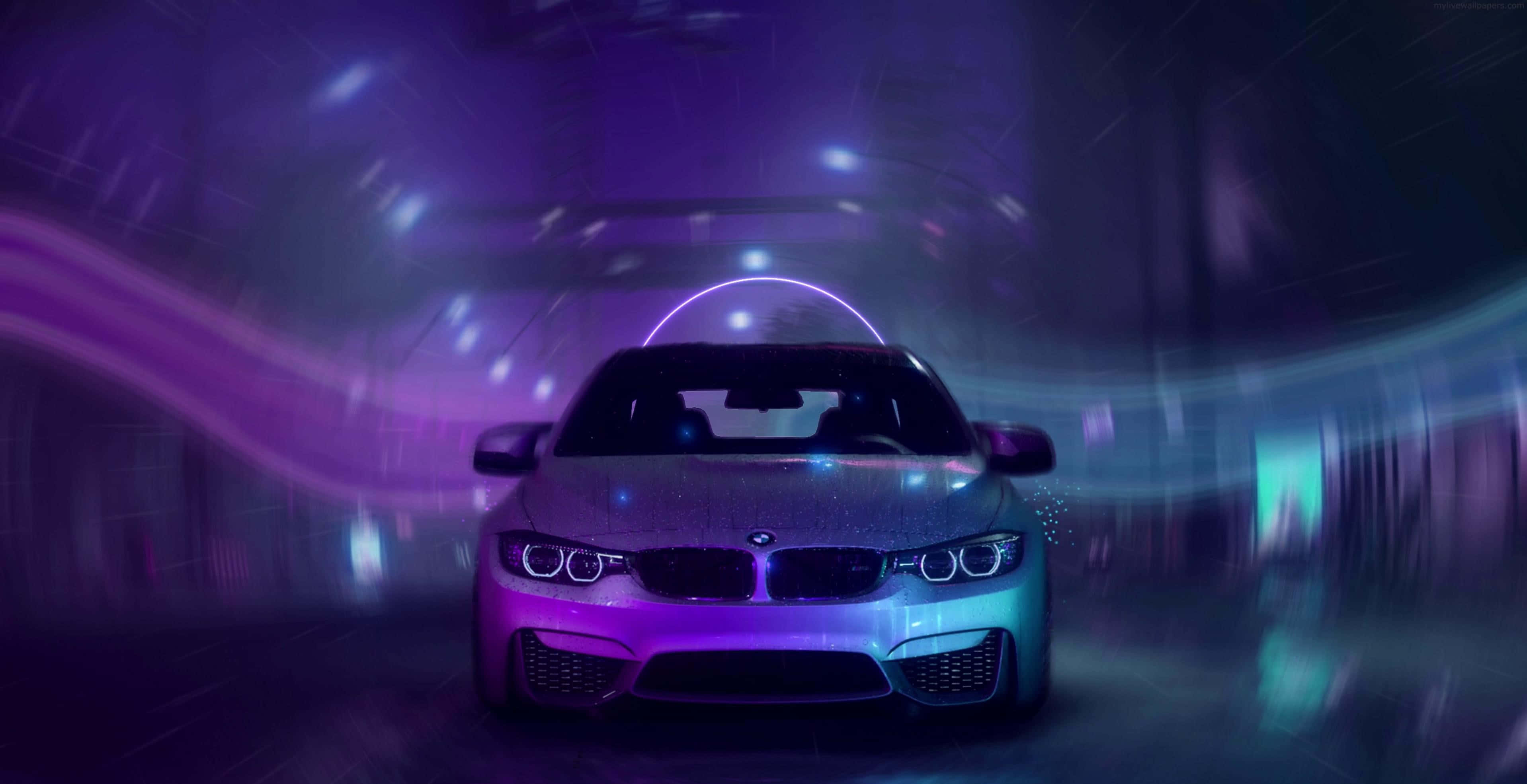 speeding sports car, neon-drenched tunnel, purple light, 2K Desktop Wallpaper