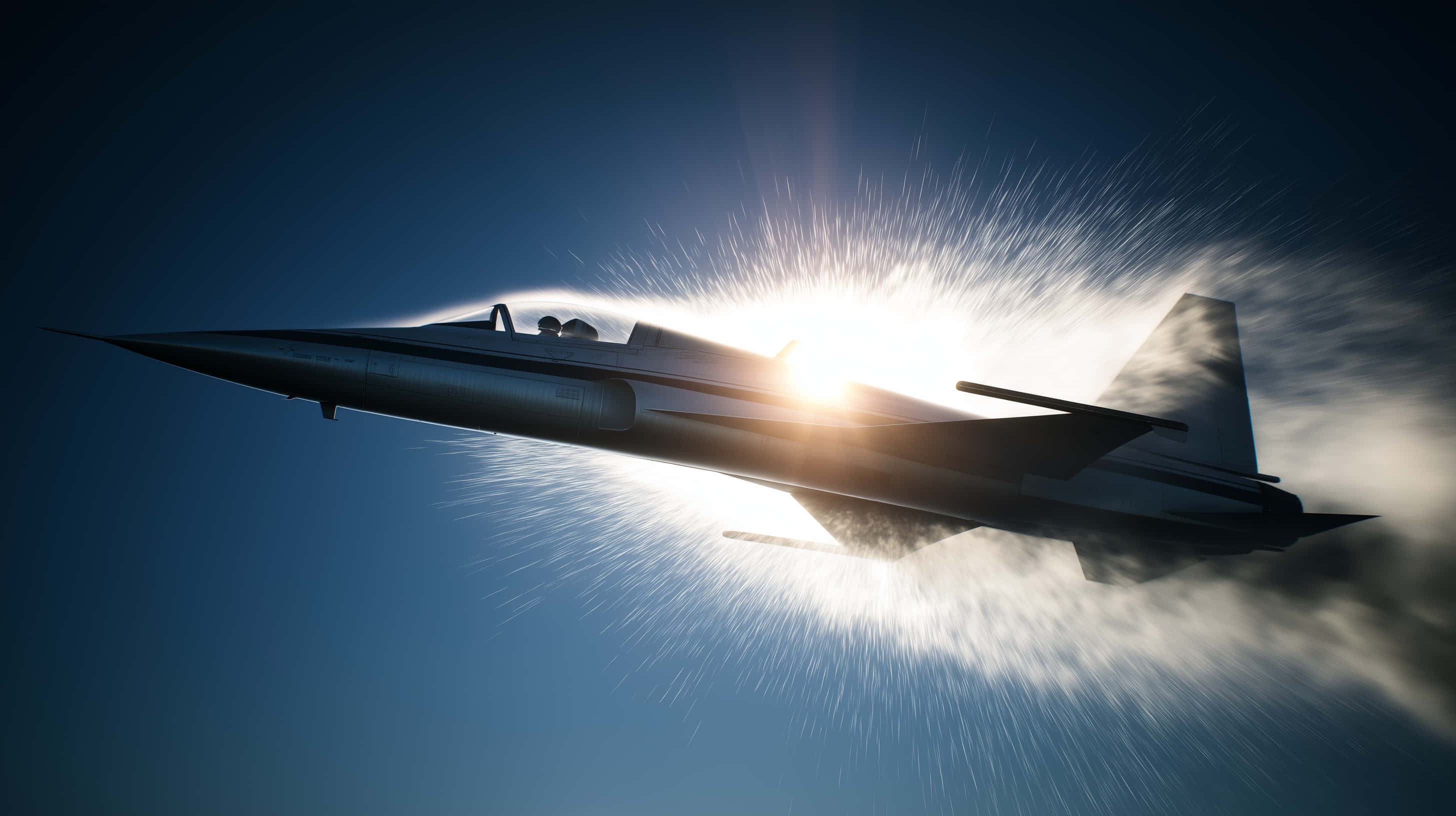 sleek jet fighter, sound barrier, sun burst, 2K Desktop Wallpaper