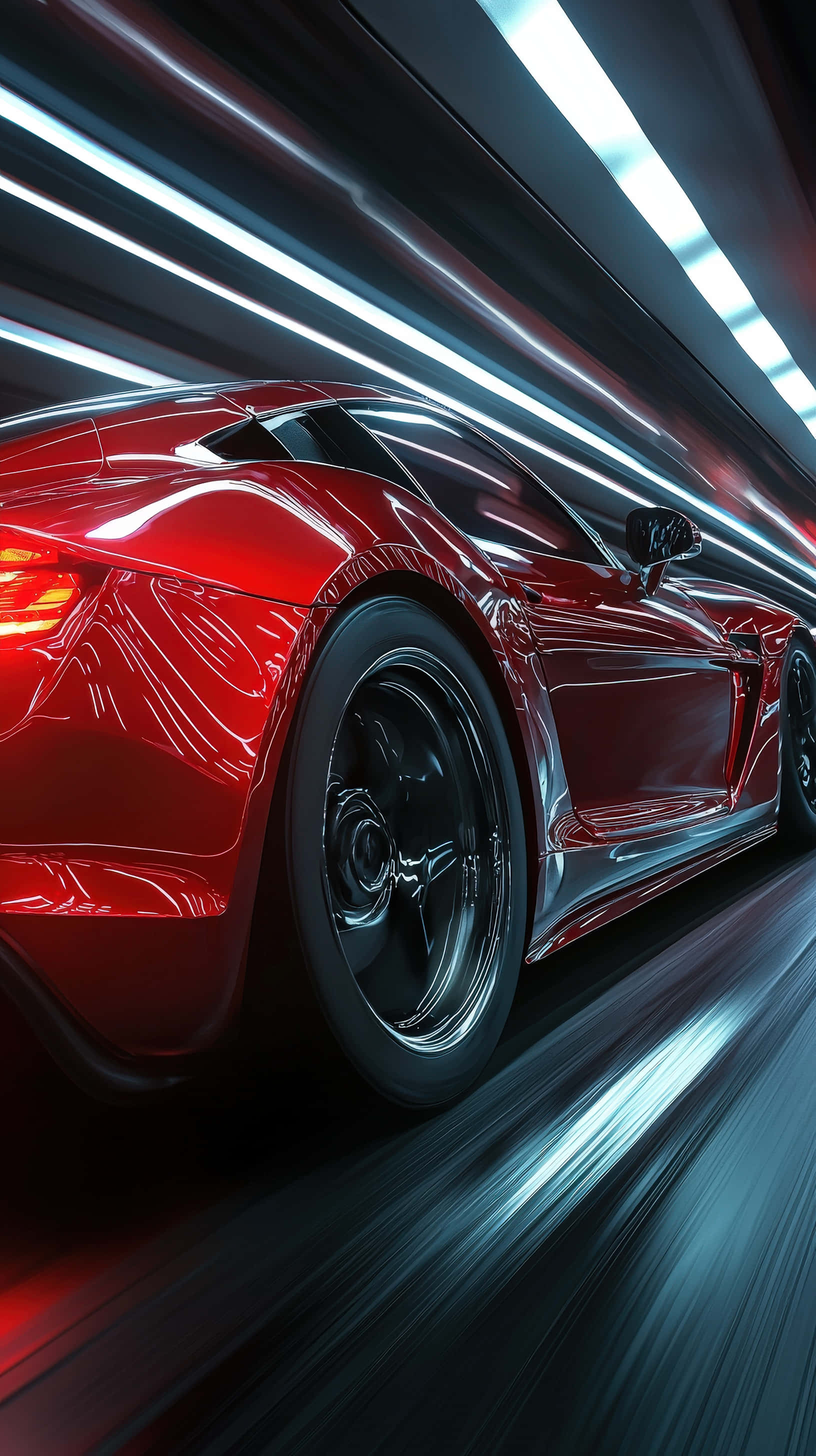 red sports car, neon-lit tunnel, streaking blue and white lights, 2K Phone Wallpaper