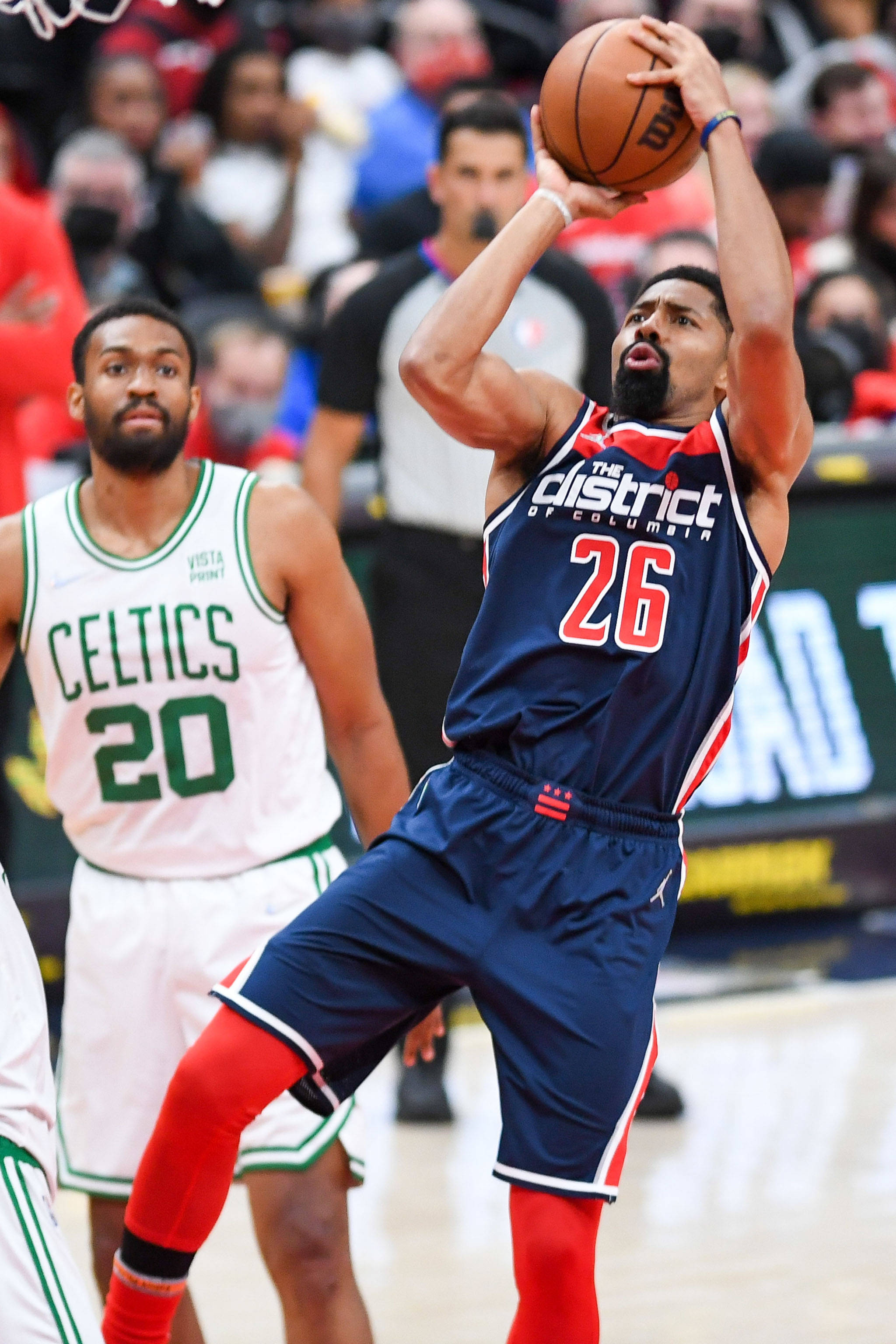 Spencer Dinwiddie, blue and red 'District of Columbia' jersey, Celtics player in white, 2K Phone Wallpaper