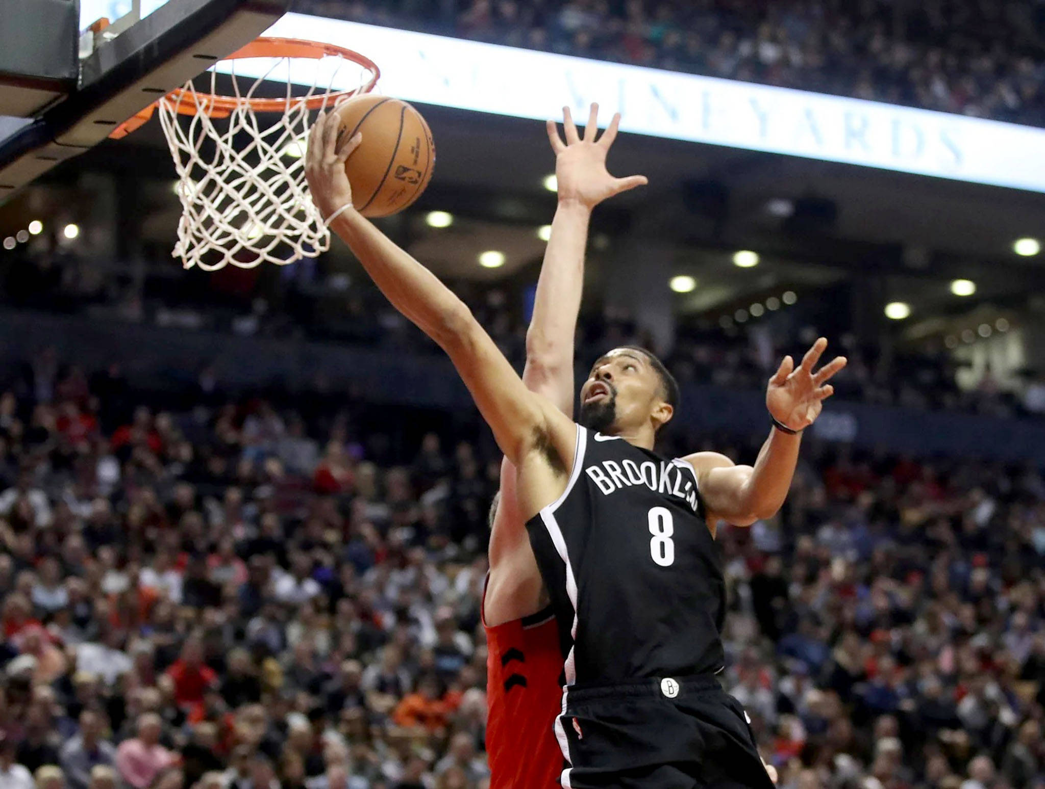 Spencer Dinwiddie, black Brooklyn jersey, red defender, Full HD Desktop Wallpaper