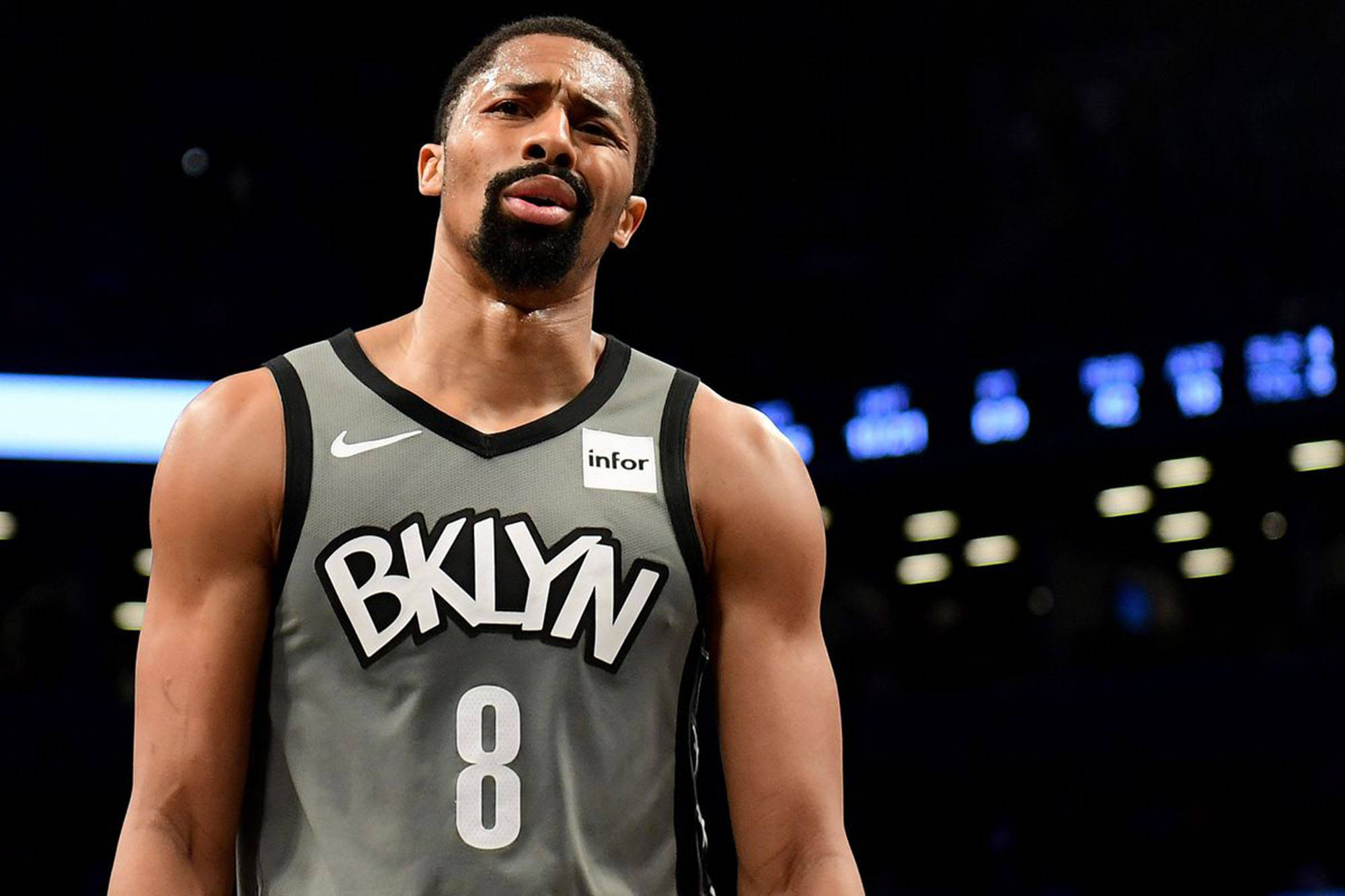 Spencer Dinwiddie, gray Brooklyn jersey, number 8, Full HD Desktop Wallpaper
