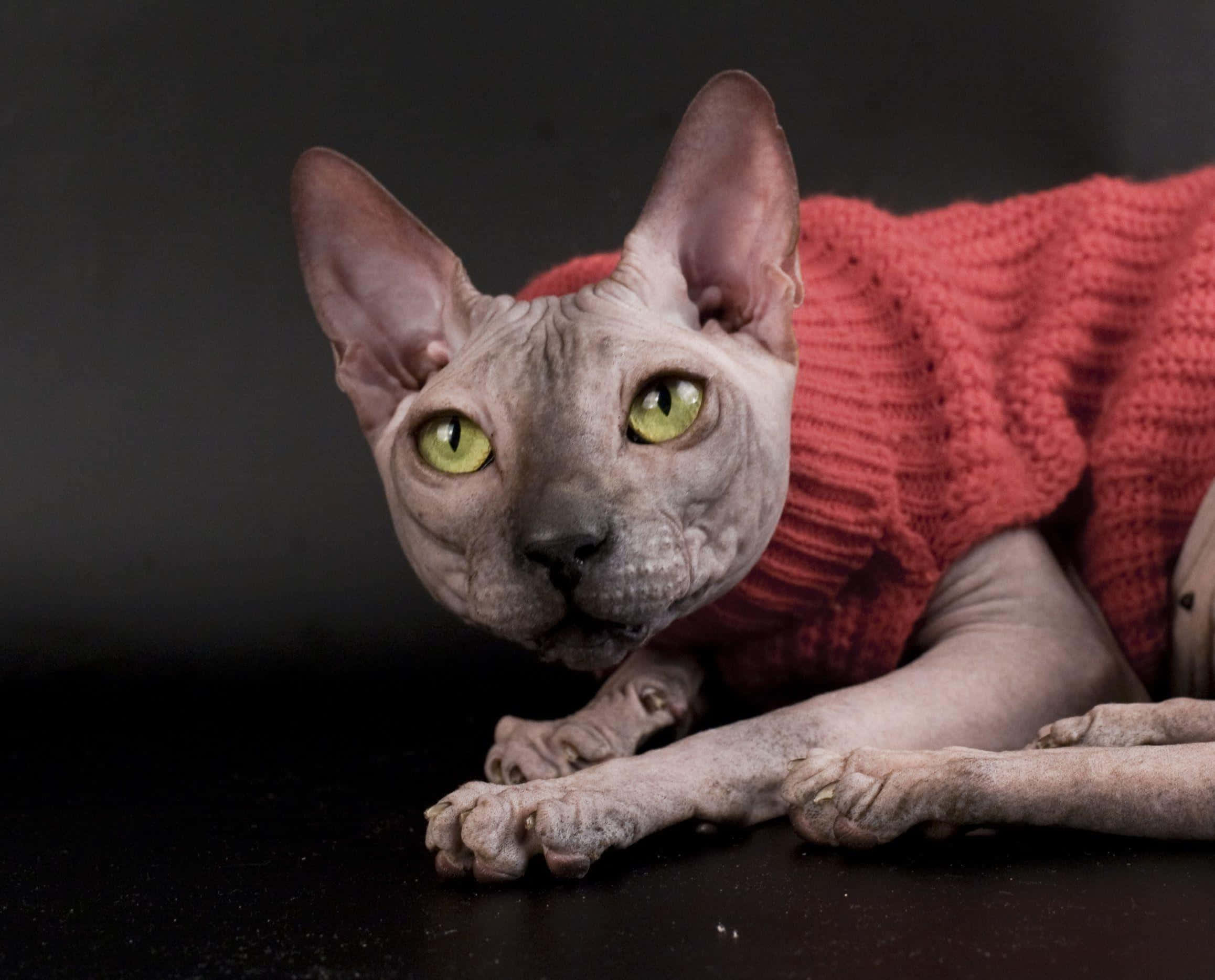 Sphynx, green eyes, red knit sweater, Full HD Desktop Wallpaper