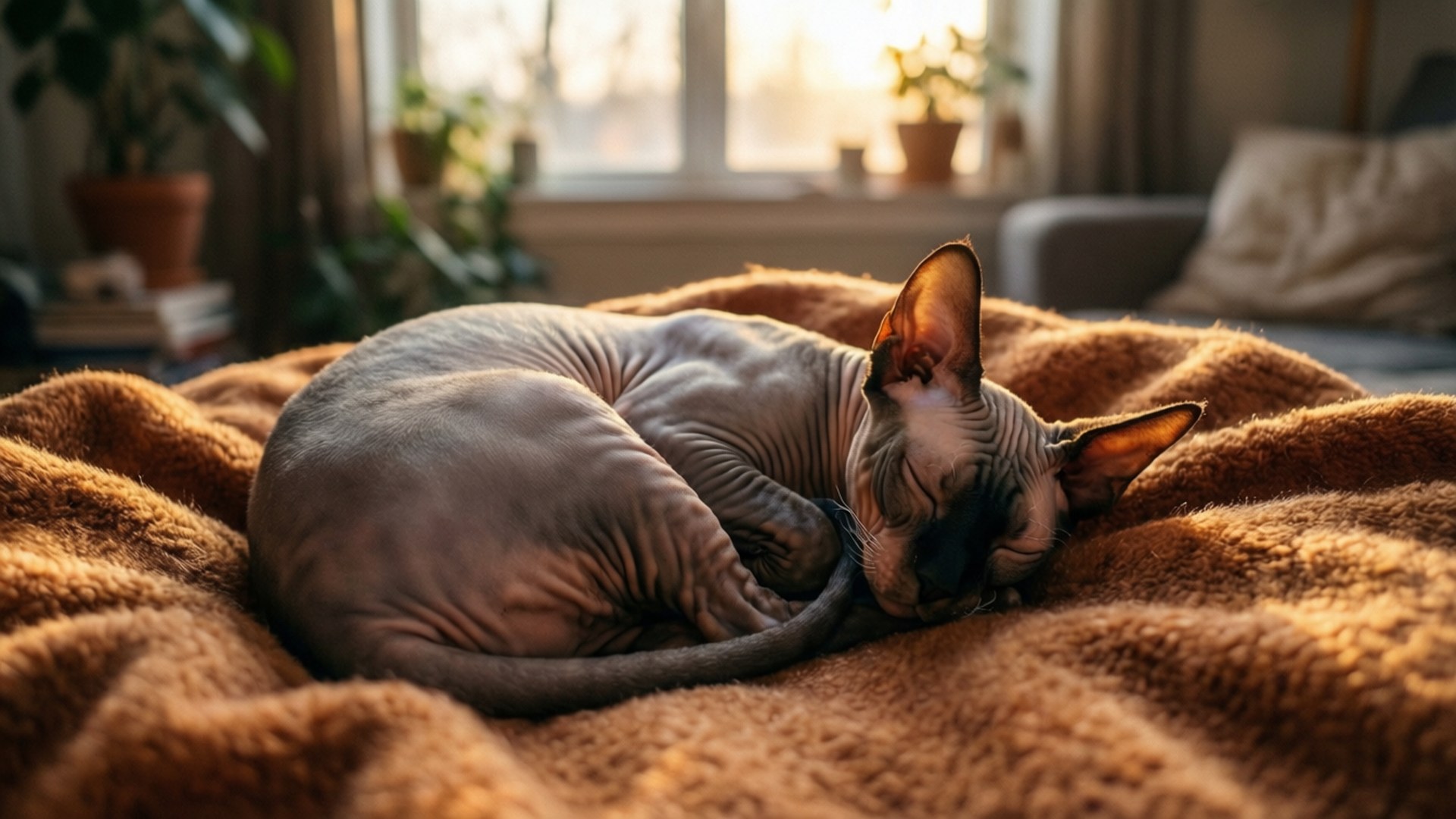 Sphynx, blanket, warm sunlight, Full HD Desktop Wallpaper