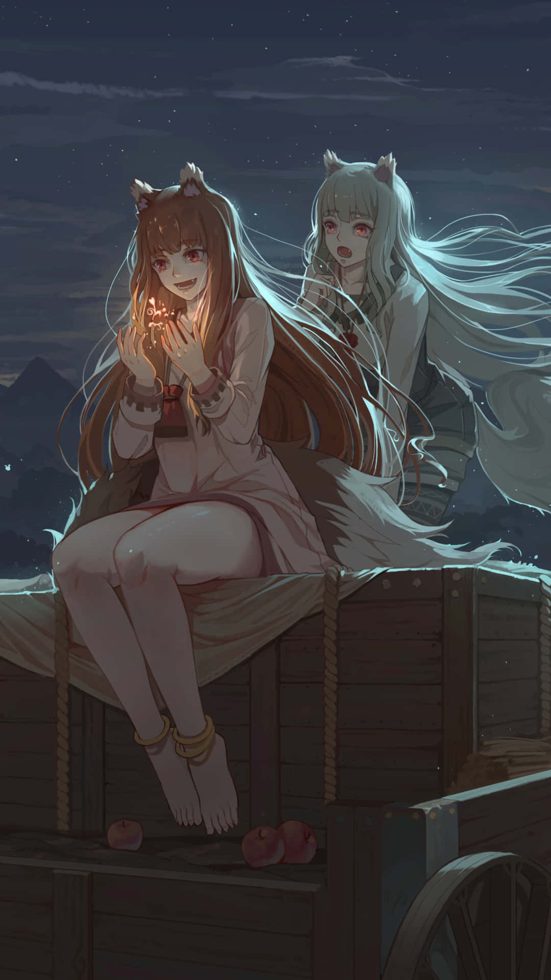 Spice and Wolf, fox ears, wooden cart, Full HD Phone Wallpaper