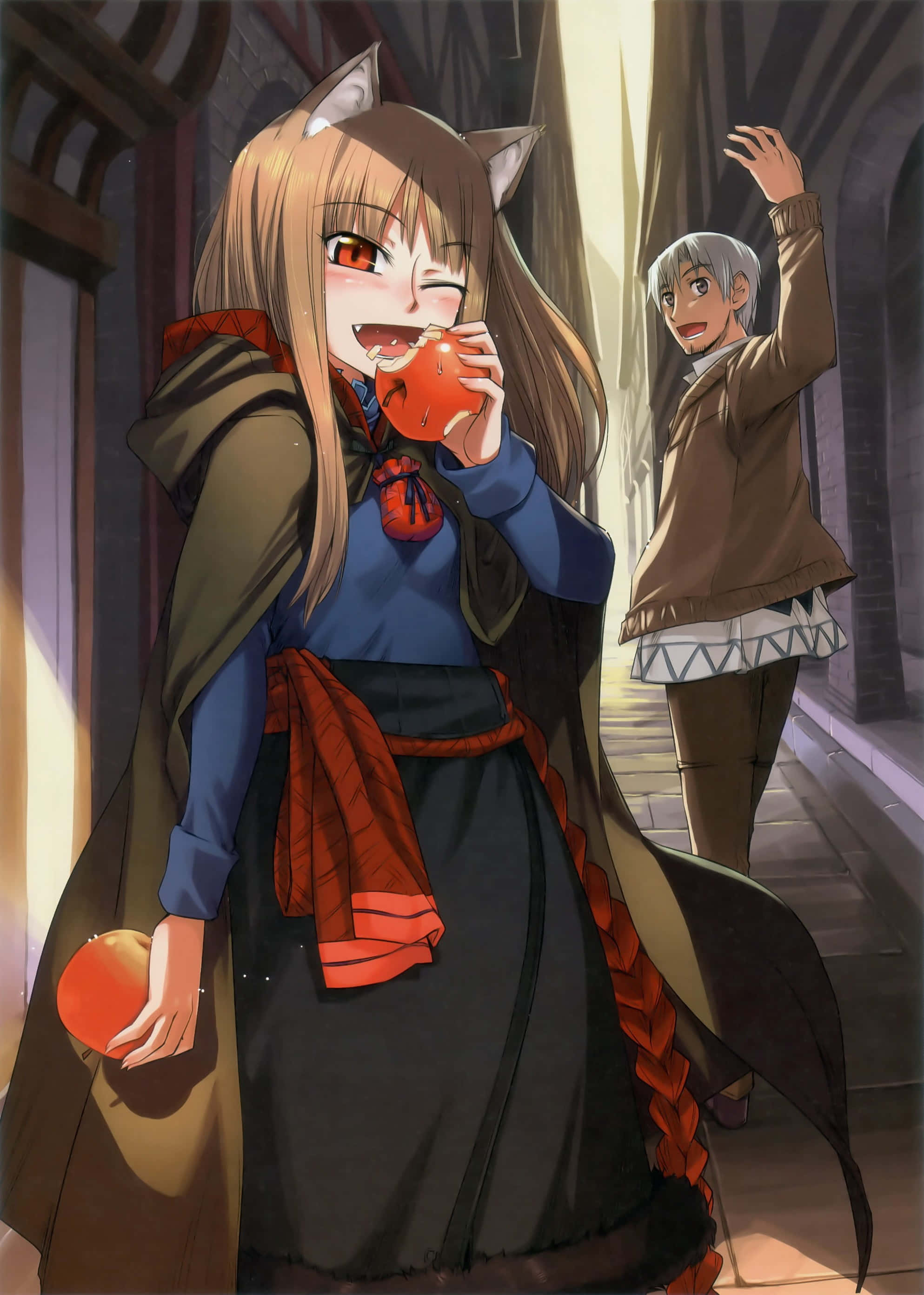 Spice And Wolf, fox-eared girl, red apple, 2K Phone Wallpaper