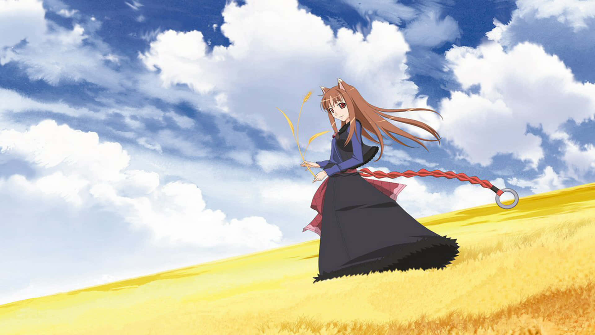 Spice And Wolf, long brown hair, red braided tail, Full HD Desktop Wallpaper
