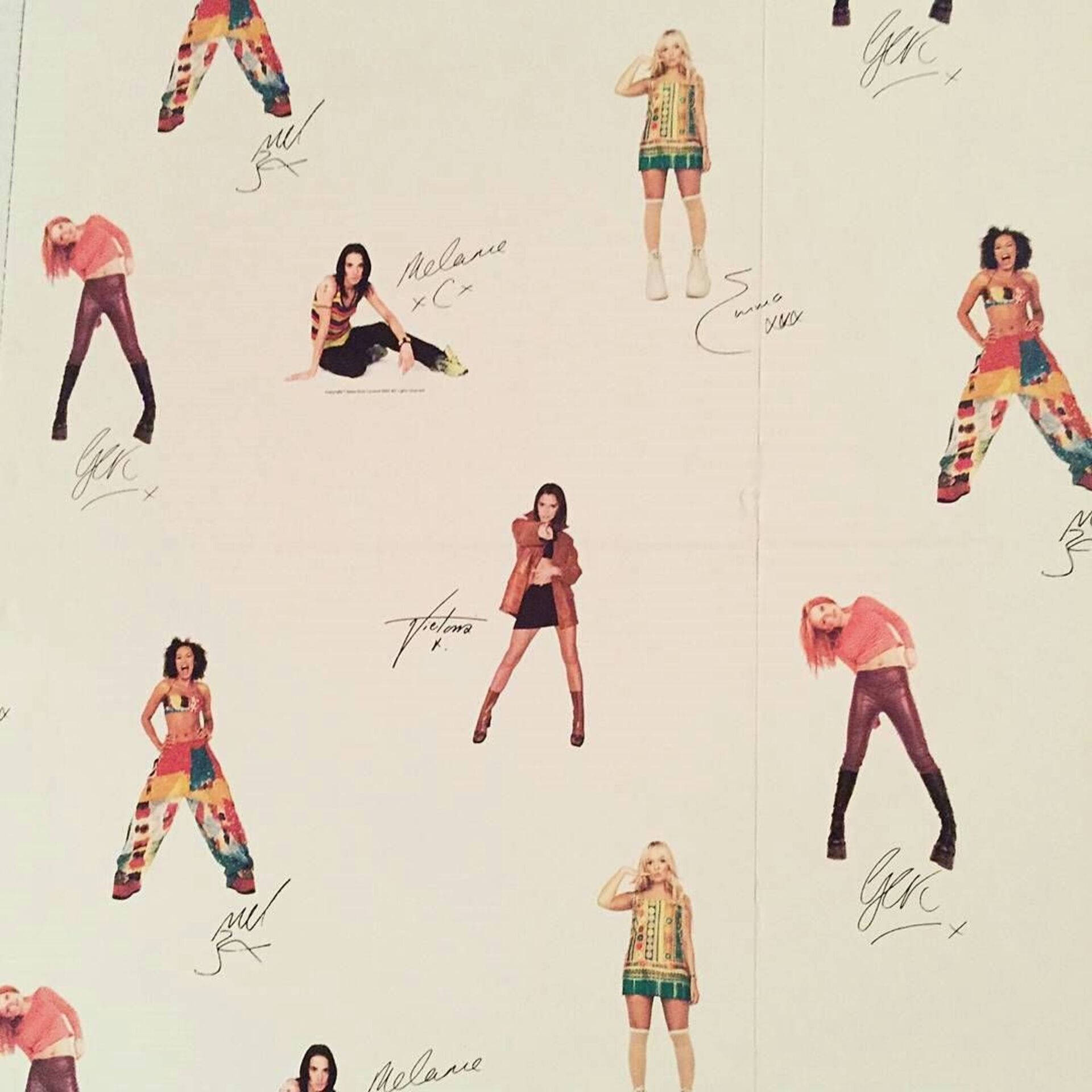 Spice Girls, colorful retro outfits, handwritten signatures, Full HD Desktop Wallpaper