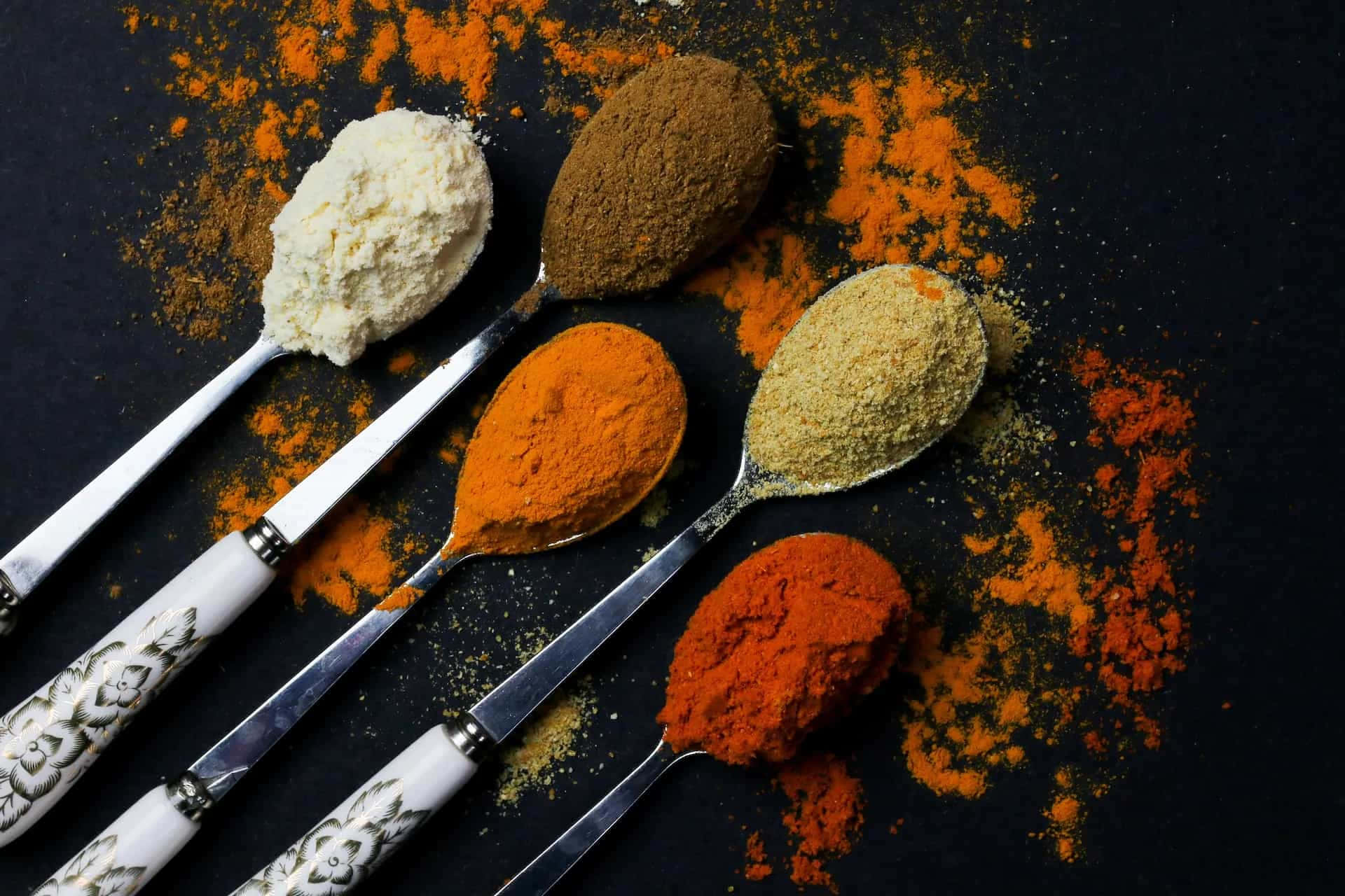 powdered spices, silver spoons, dark surface, Full HD Desktop Wallpaper