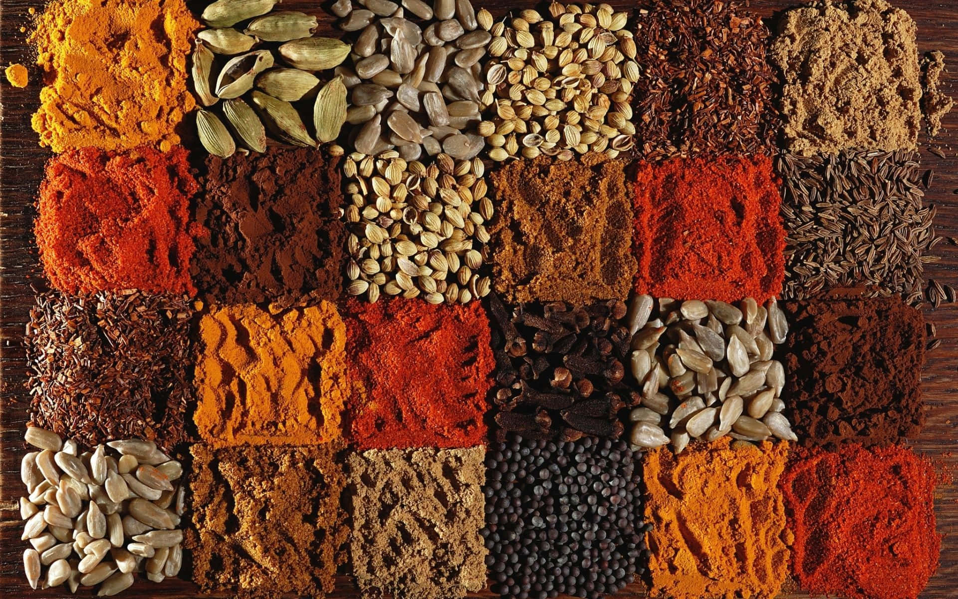 square shaped spices, wooden surface, dark wooden surface, Full HD Desktop Wallpaper