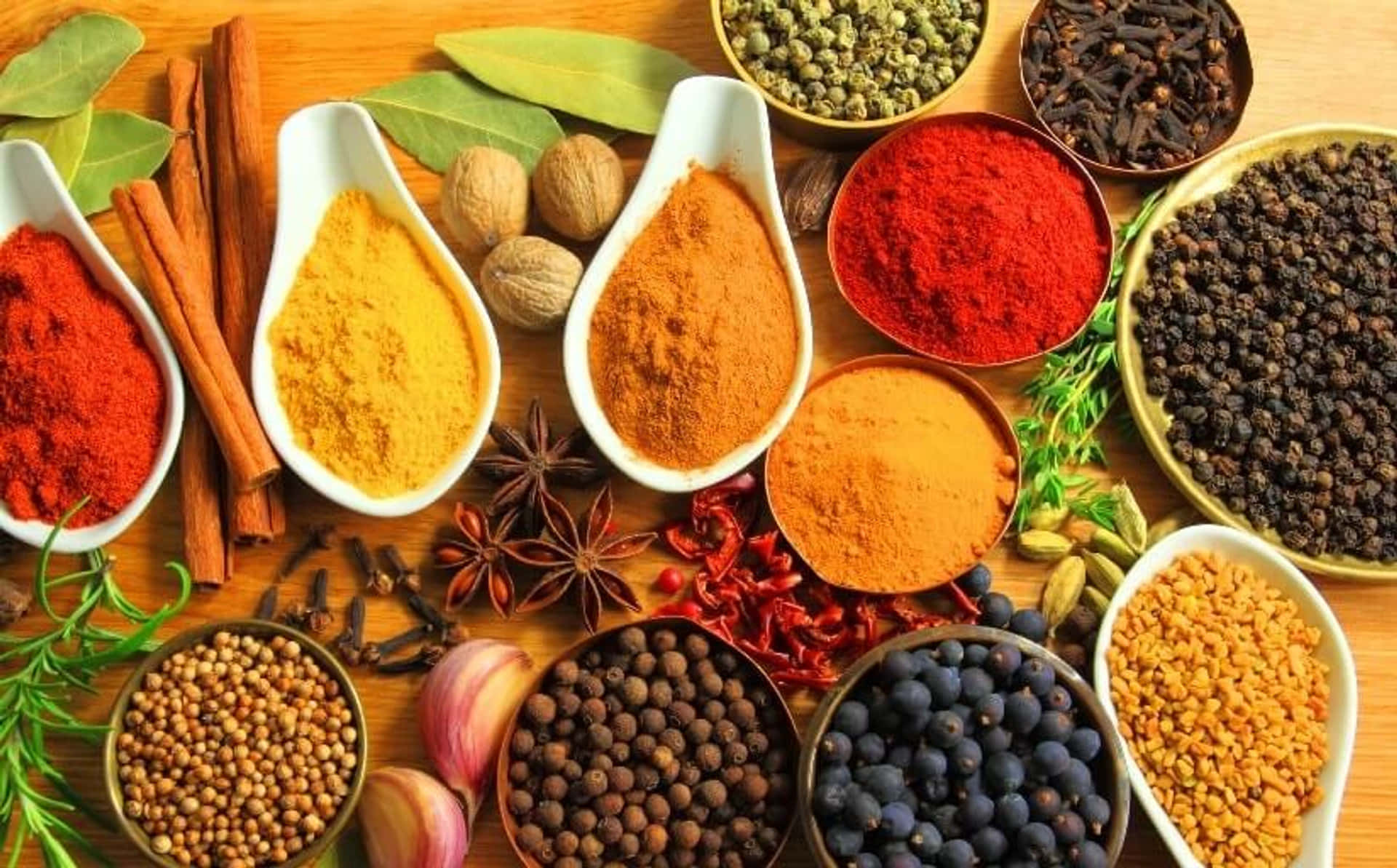 colorful spices, wooden surface, bowls, Full HD Desktop Wallpaper