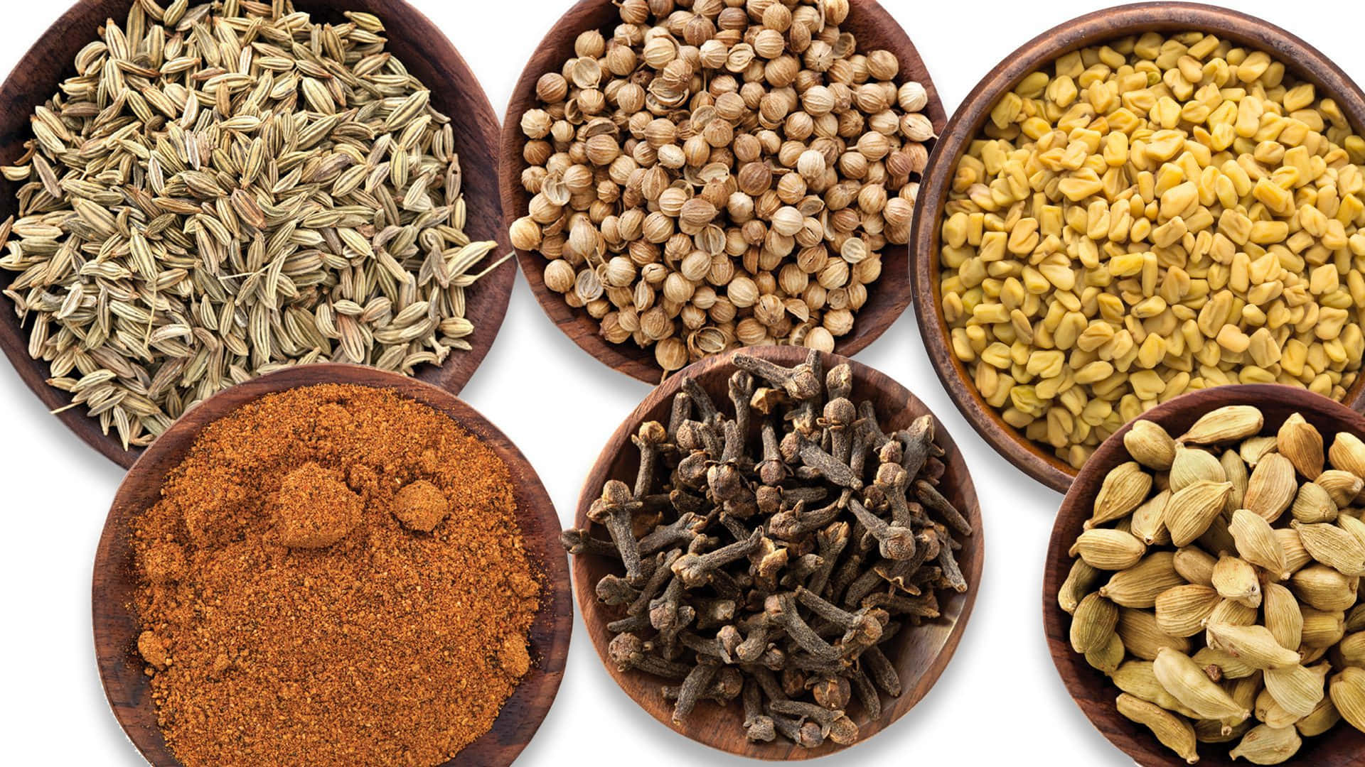 wooden bowls, whole spices, ground powders, Full HD Desktop Wallpaper