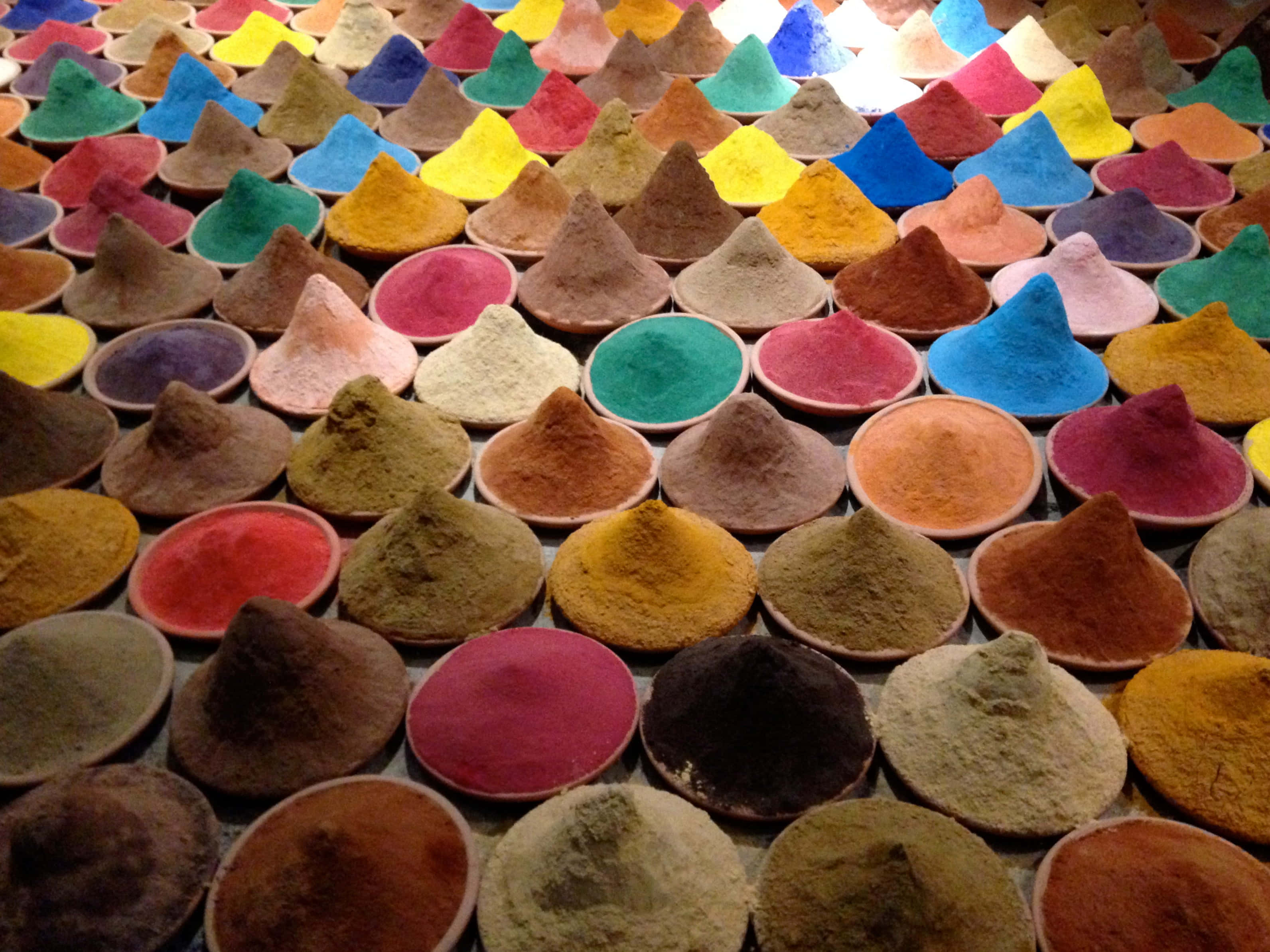 colorful powdered spices, small saucers, neat rows, 2K Desktop Wallpaper
