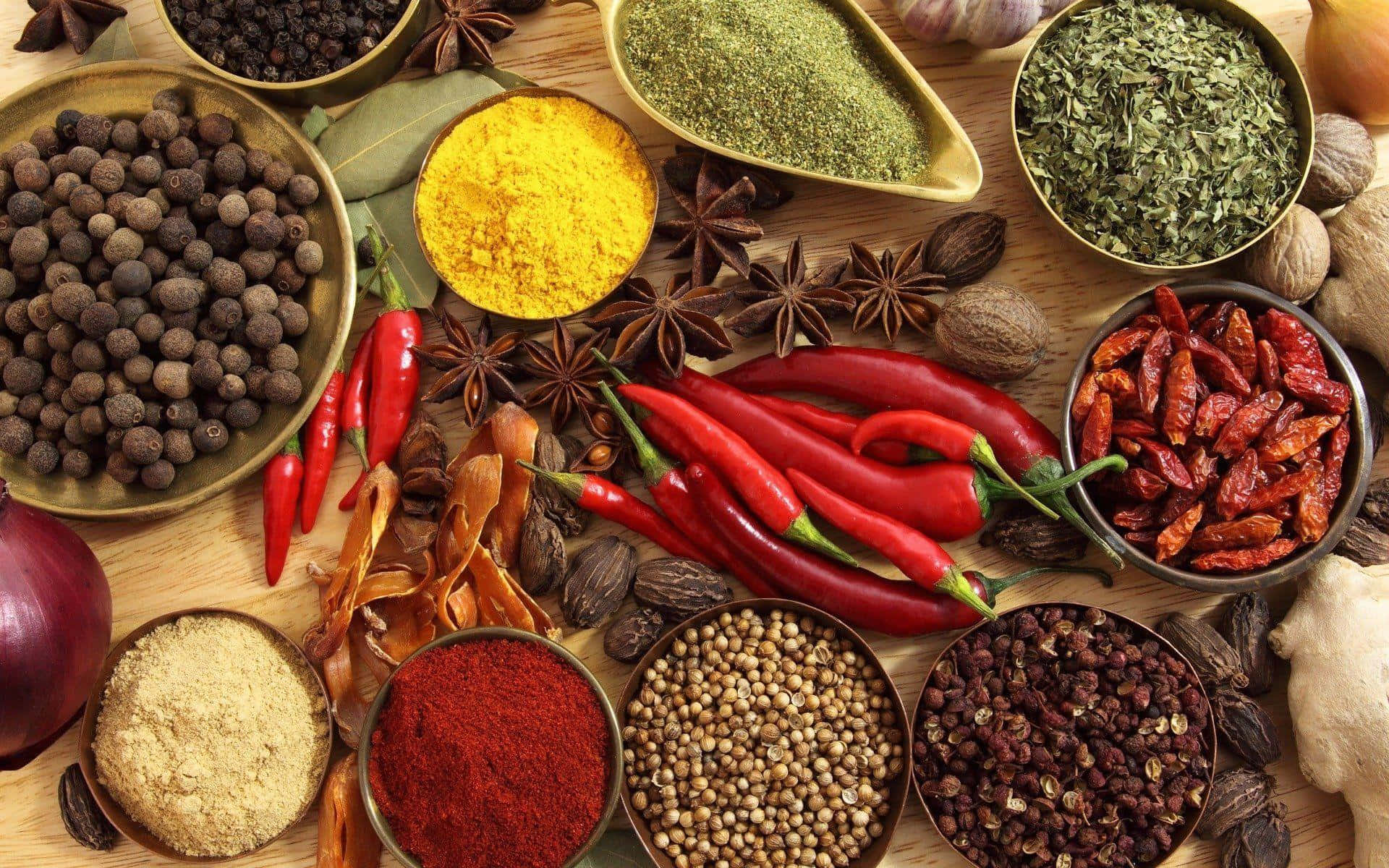 spices, wooden table, peppercorns, Full HD Desktop Wallpaper