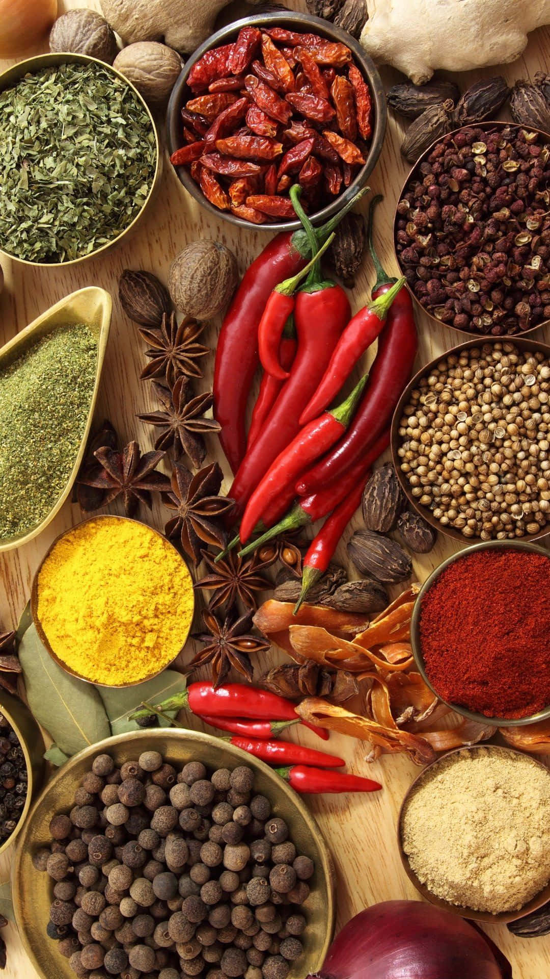 red chilies, turmeric, peppercorns, Full HD Phone Wallpaper