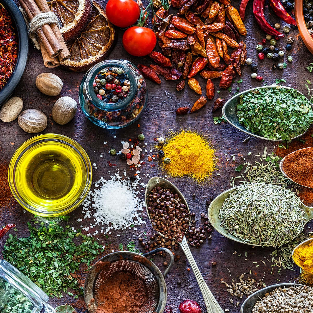 assorted herbs and spices, dark rustic wooden surface, overhead shot, SD Desktop Wallpaper