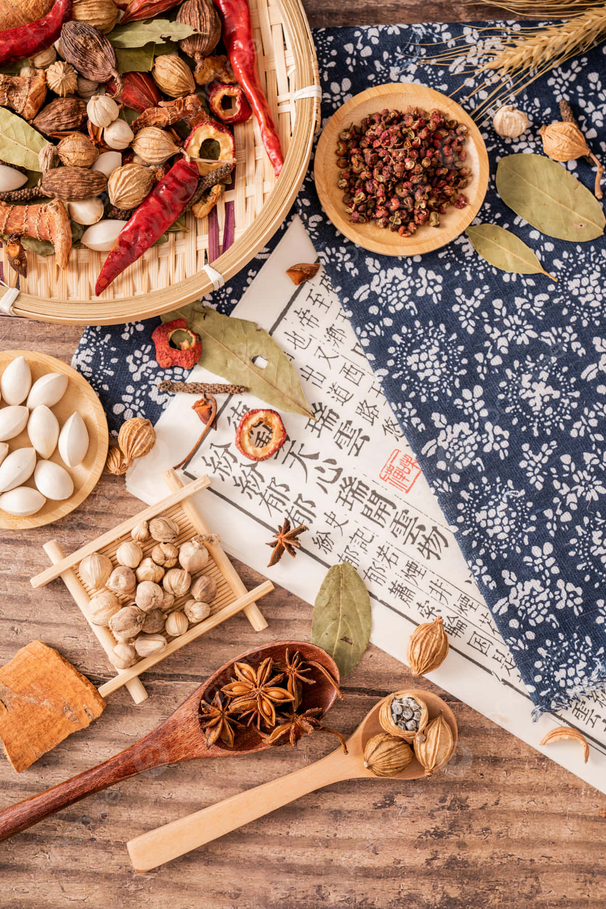 rustic wooden table, dried spices and herbs, wooden bowls and spoons, HD Phone Wallpaper