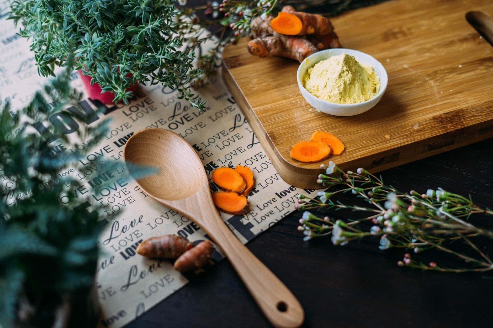 turmeric, chopping board, wooden spoon, HD Desktop Wallpaper