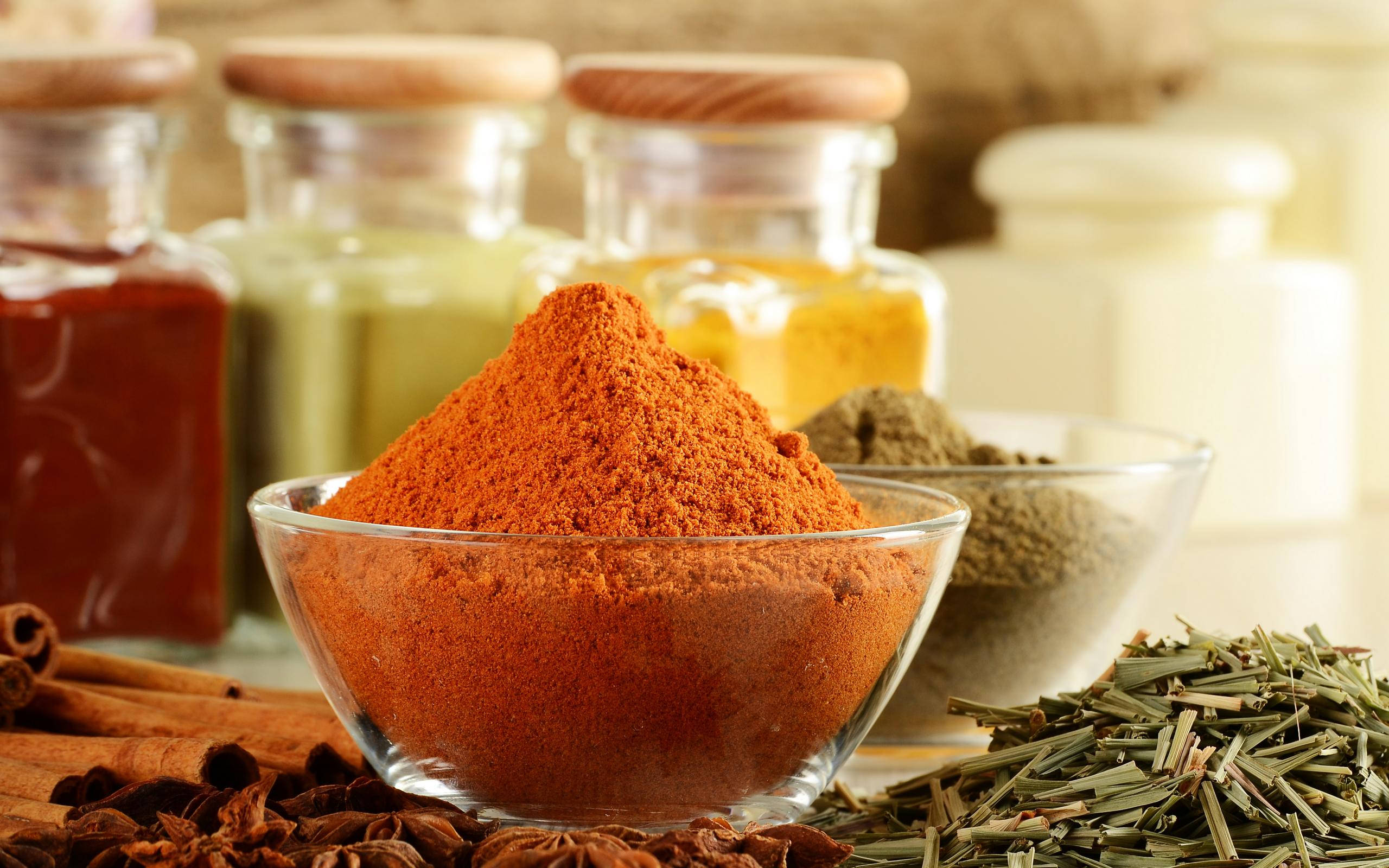 spices and herbs glass containers, glass bowl, orange spice powder, 2K Desktop Wallpaper