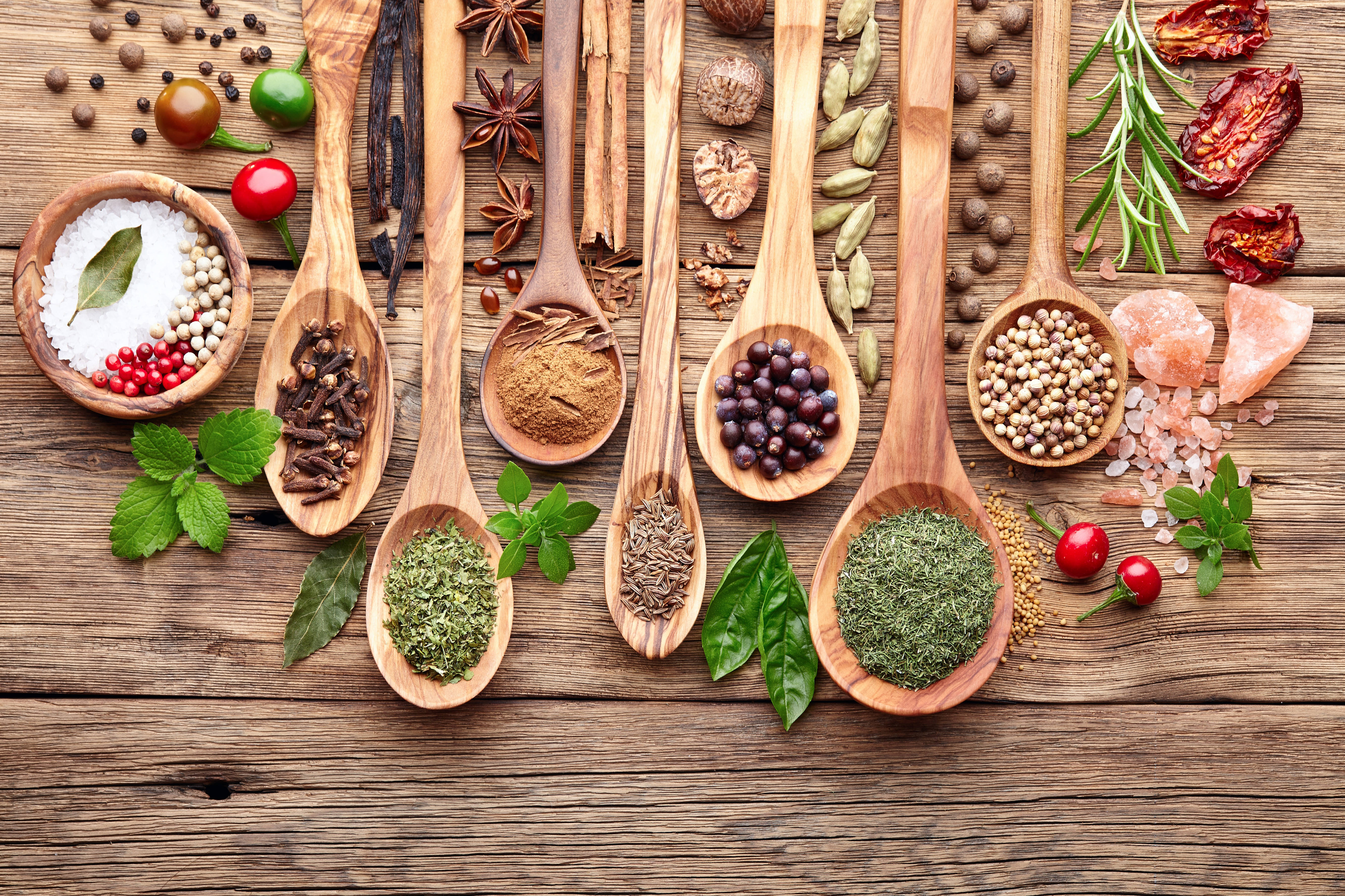 wooden spoons, colorful spices and herbs, rustic wooden table, 5K Desktop Wallpaper