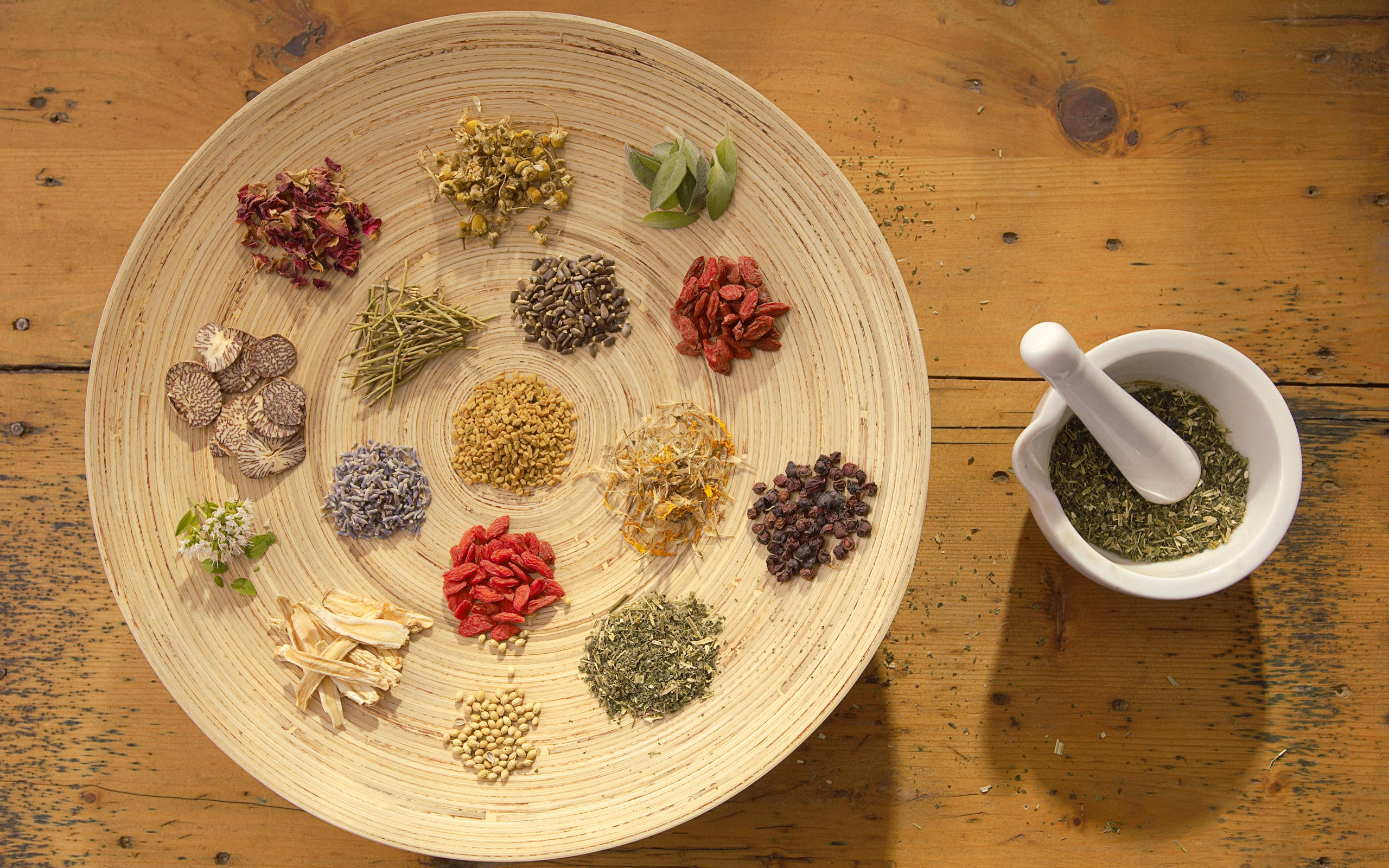 wooden tray, colorful dried herbs and spices, rustic wooden table, 2K Desktop Wallpaper
