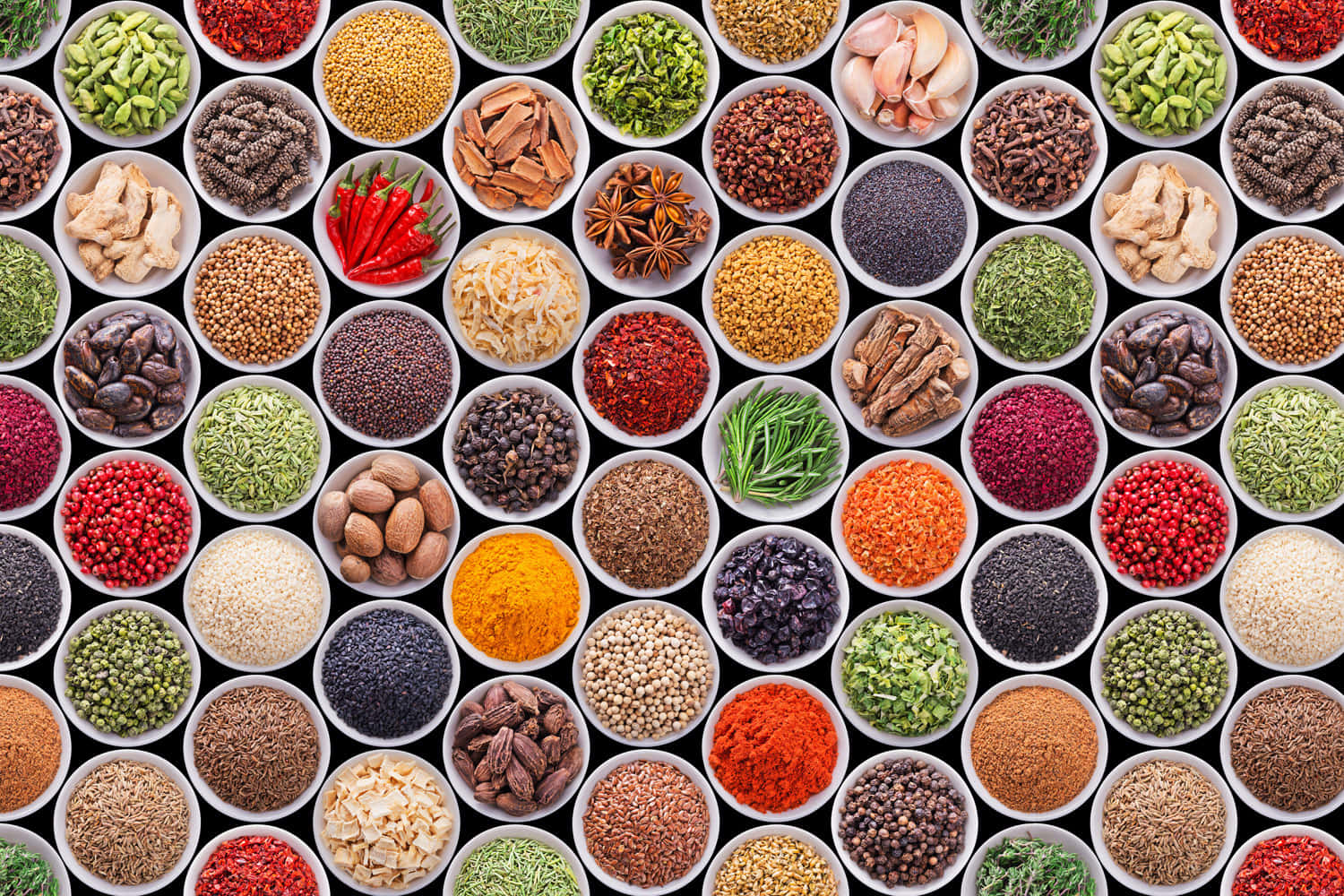 colorful assorted spices, circle saucers, white bowls, HD Desktop Wallpaper