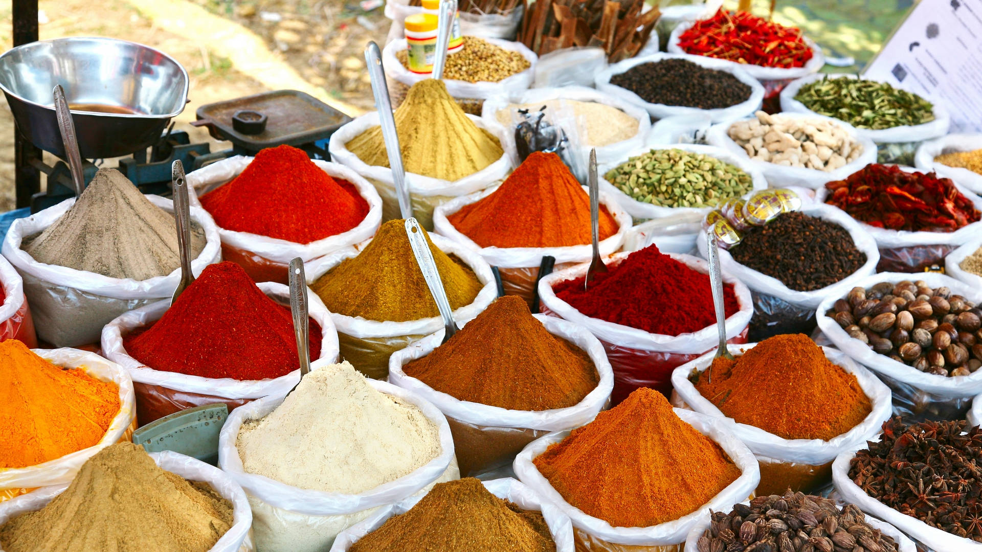 powdered spice display, tilt angle shot, colorful spices and seasonings, Full HD Desktop Wallpaper