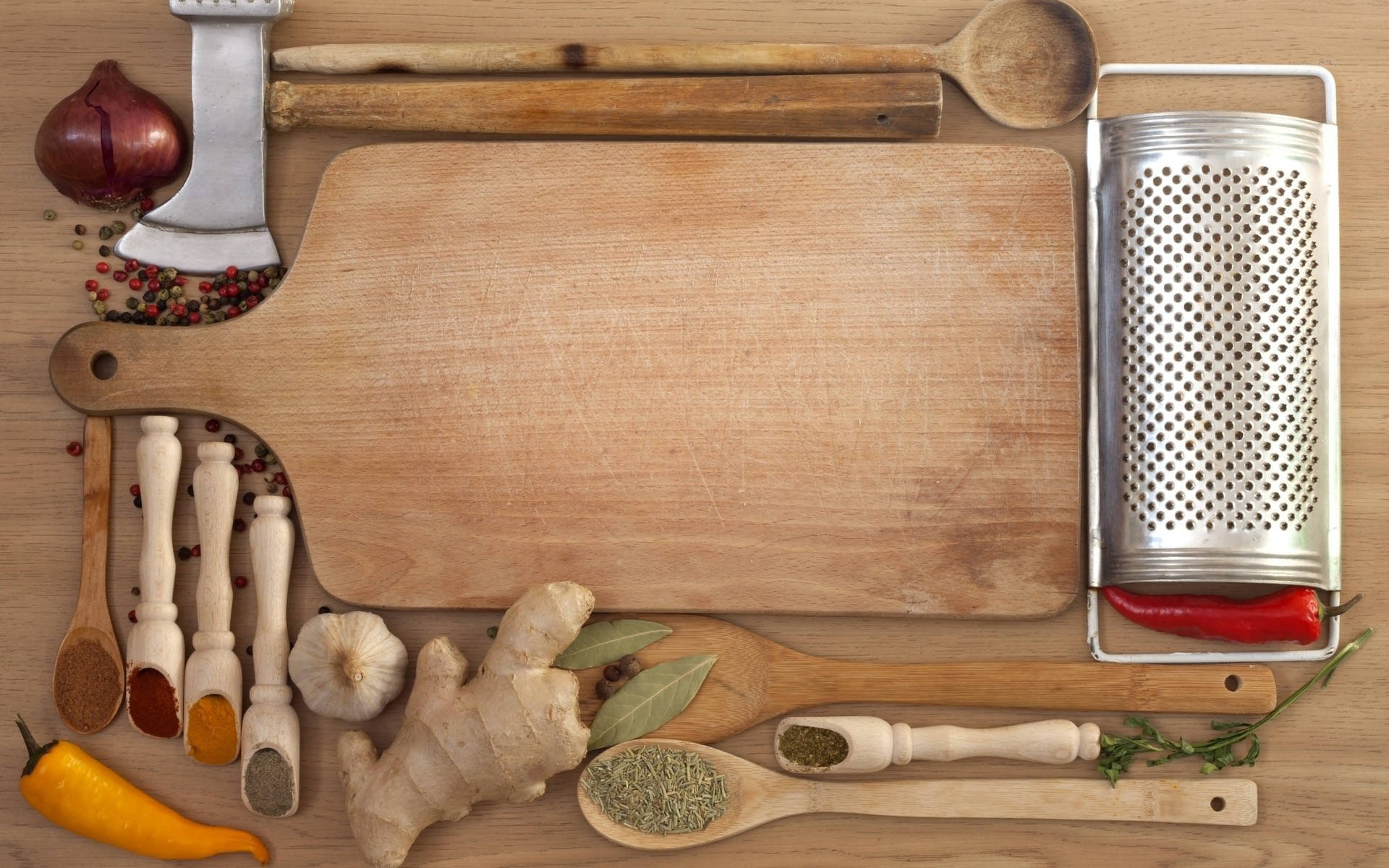 wooden cutting board, spices, herbs, Full HD Desktop Wallpaper