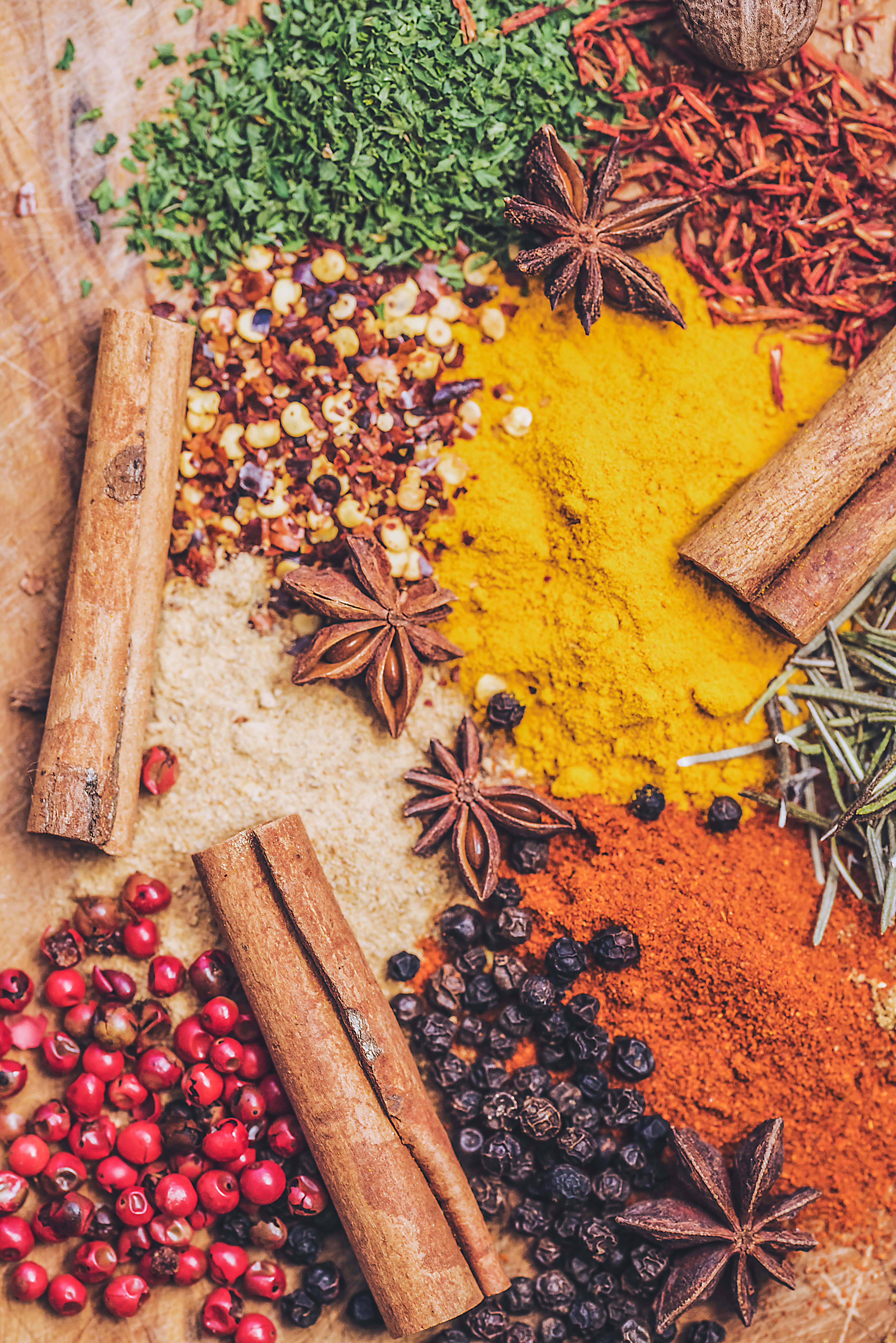 turmeric, cinnamon, star anise, 5K Phone Wallpaper