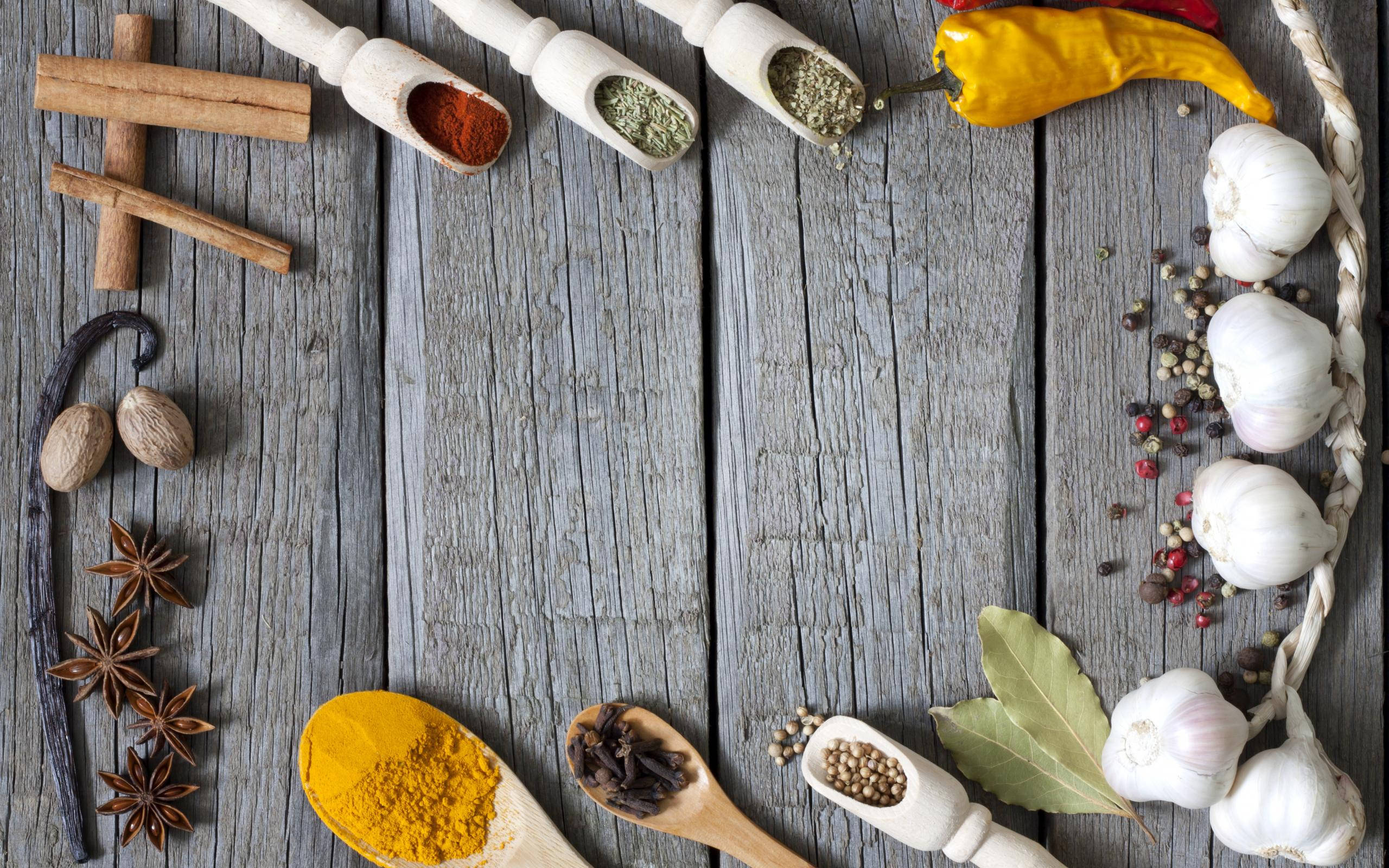 rustic wooden table, vibrant spices, herbs, 2K Desktop Wallpaper