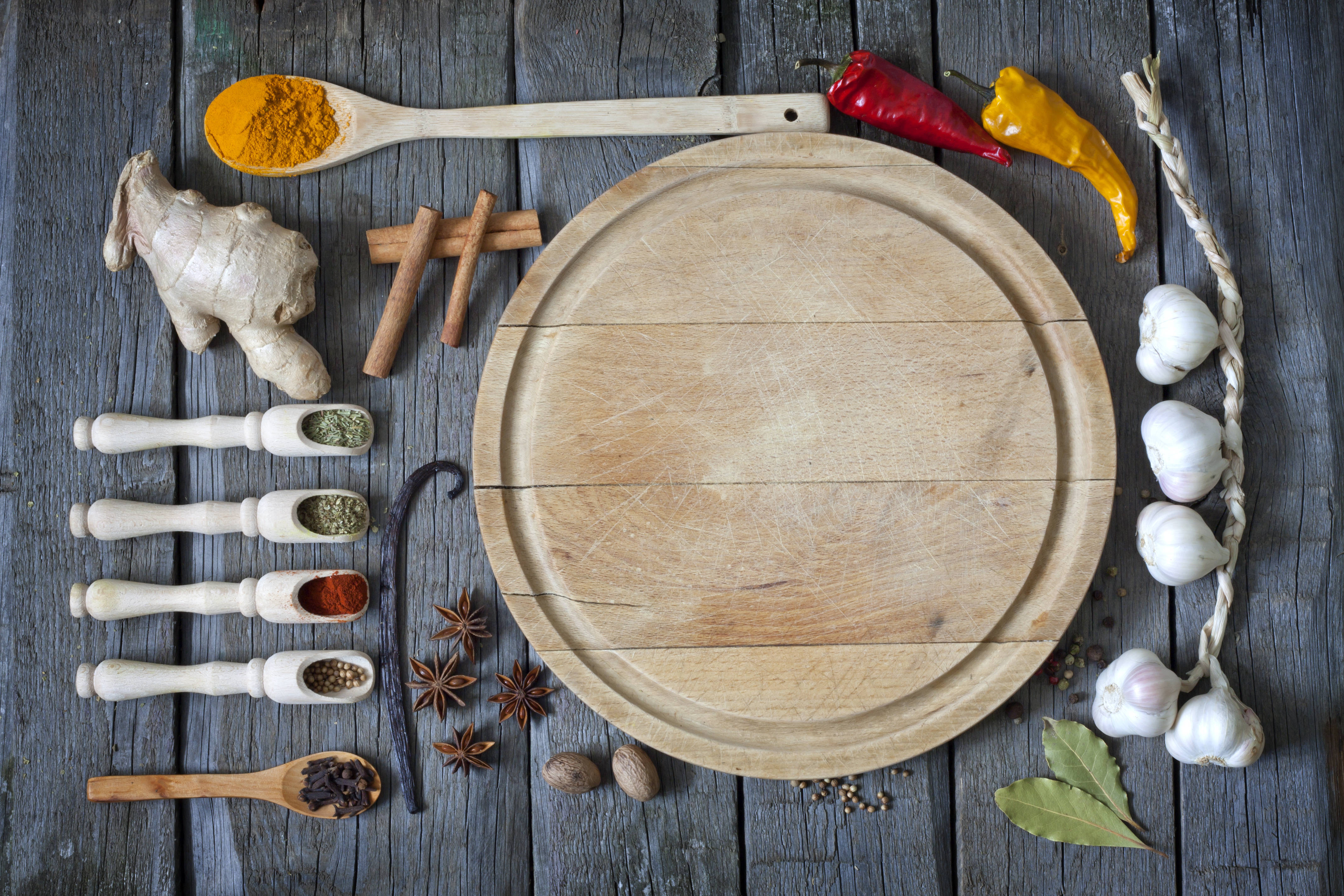 wooden cutting board, weathered gray wood surface, fresh spices, 4K Desktop Wallpaper