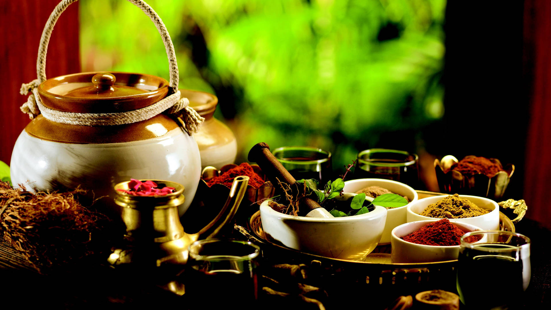 rustic ceramic teapot, vibrant spices, white bowls, Full HD Desktop Wallpaper