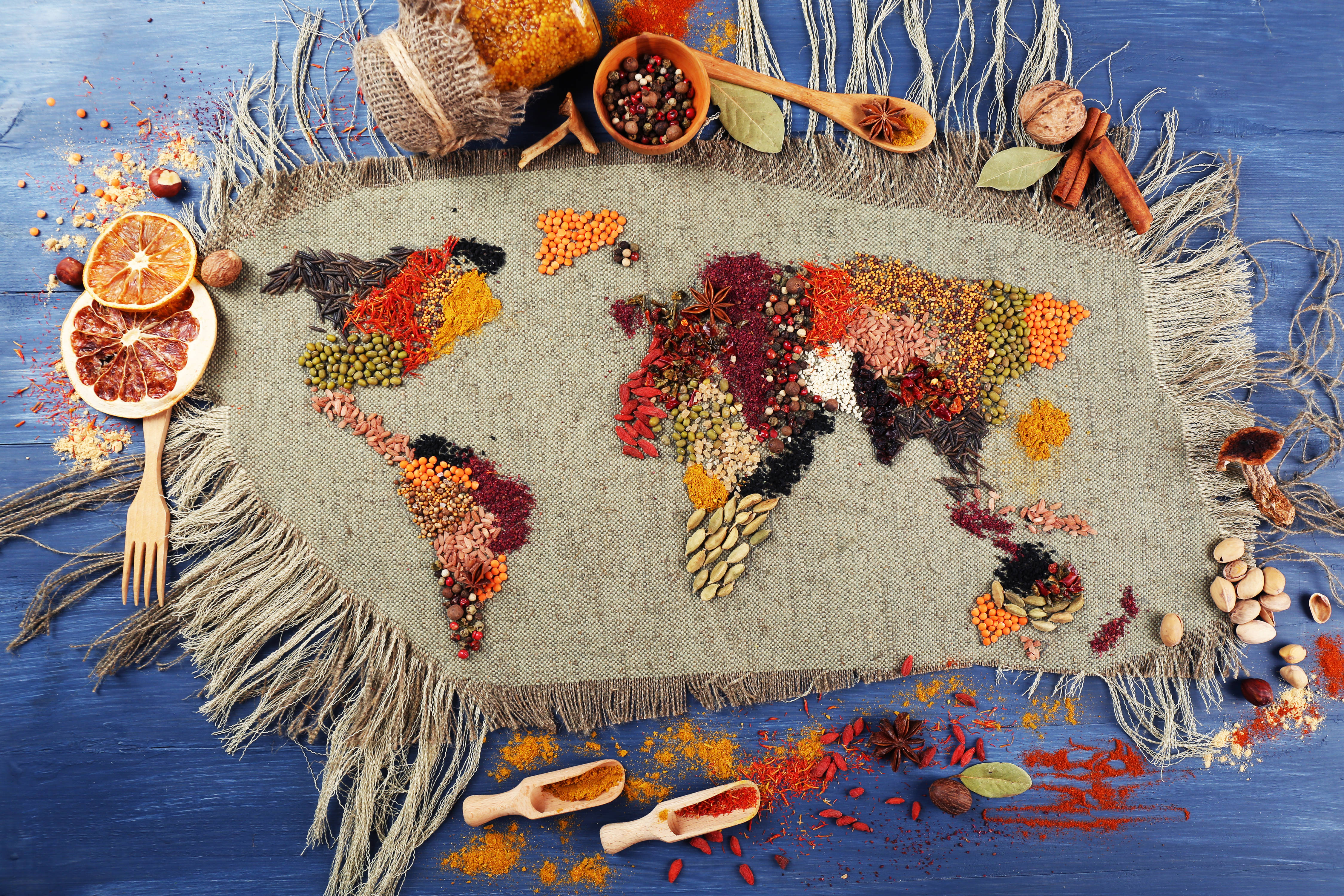 world map, colorful spices, dried citrus, 4K Desktop Wallpaper