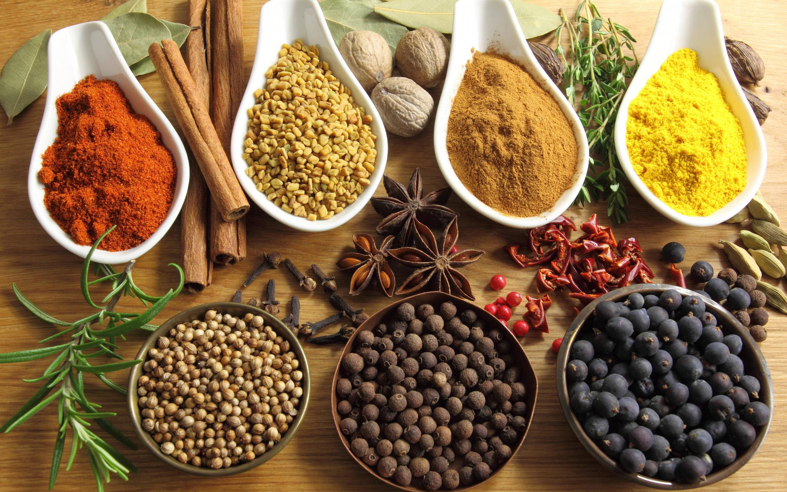 herbs and spices variety, white spoons, bowls, 2K Desktop Wallpaper