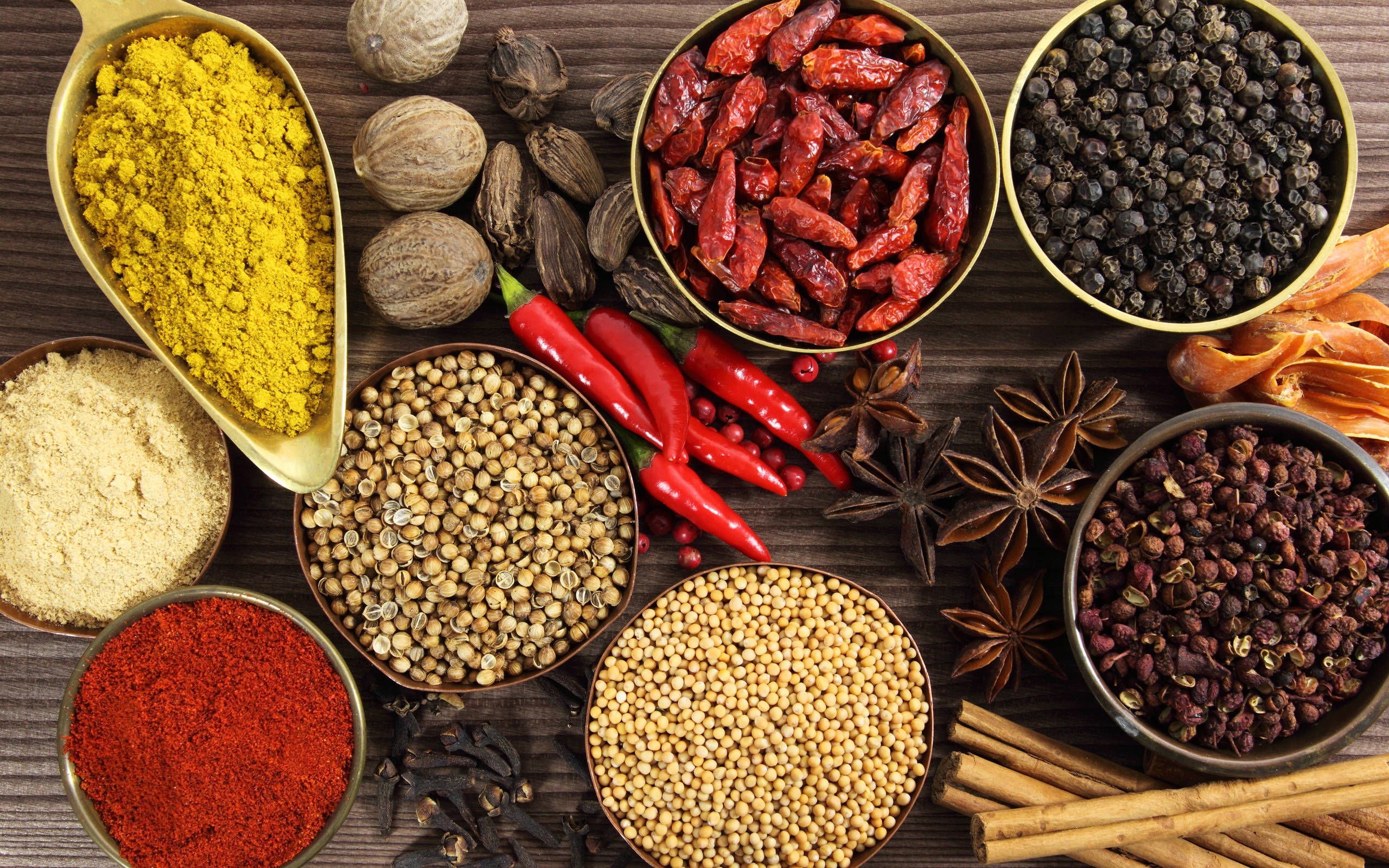 turmeric, chili peppercorns, star anise, 2K Desktop Wallpaper