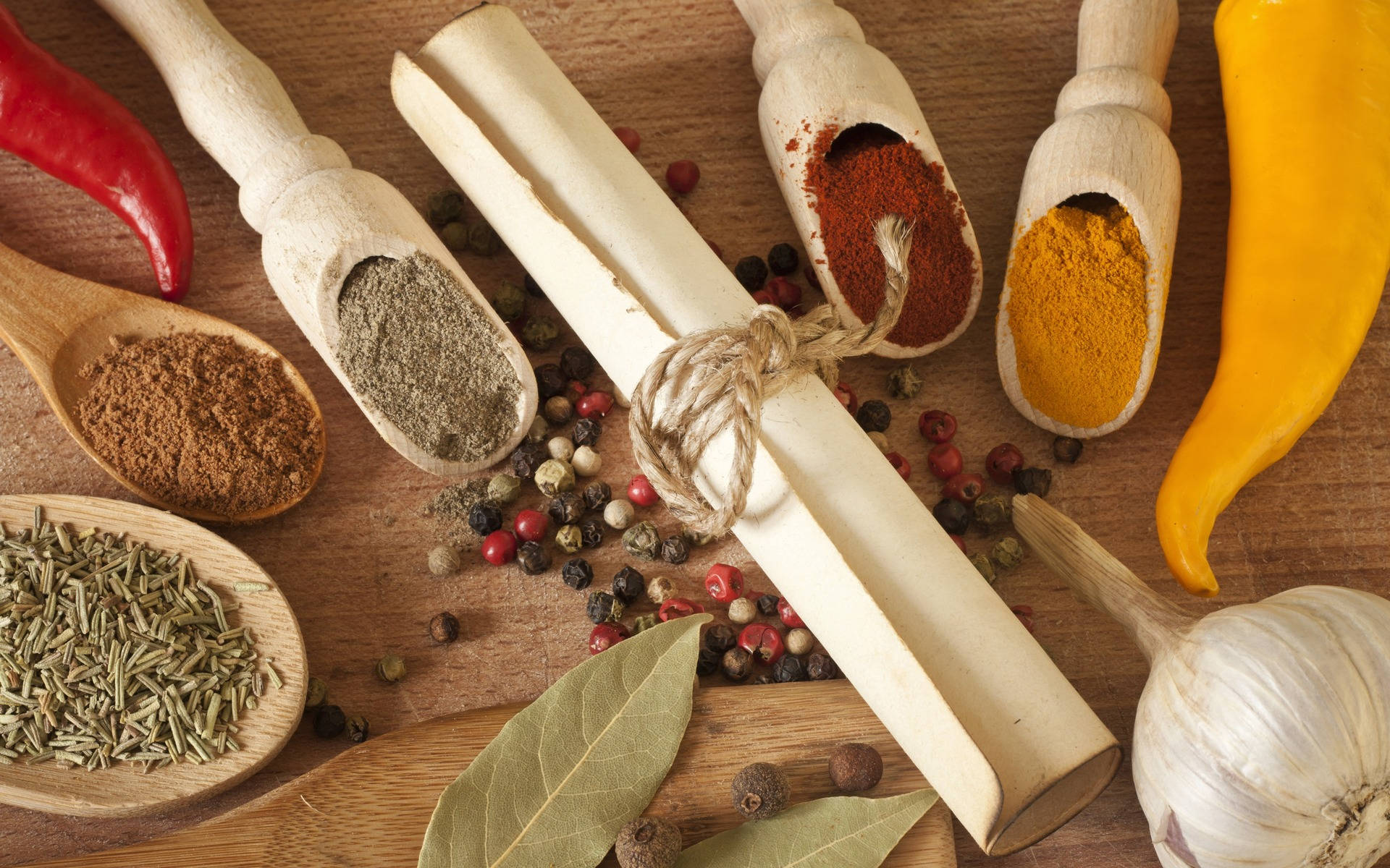 rustic wooden table, vibrant spices, chili peppers, Full HD Desktop Wallpaper