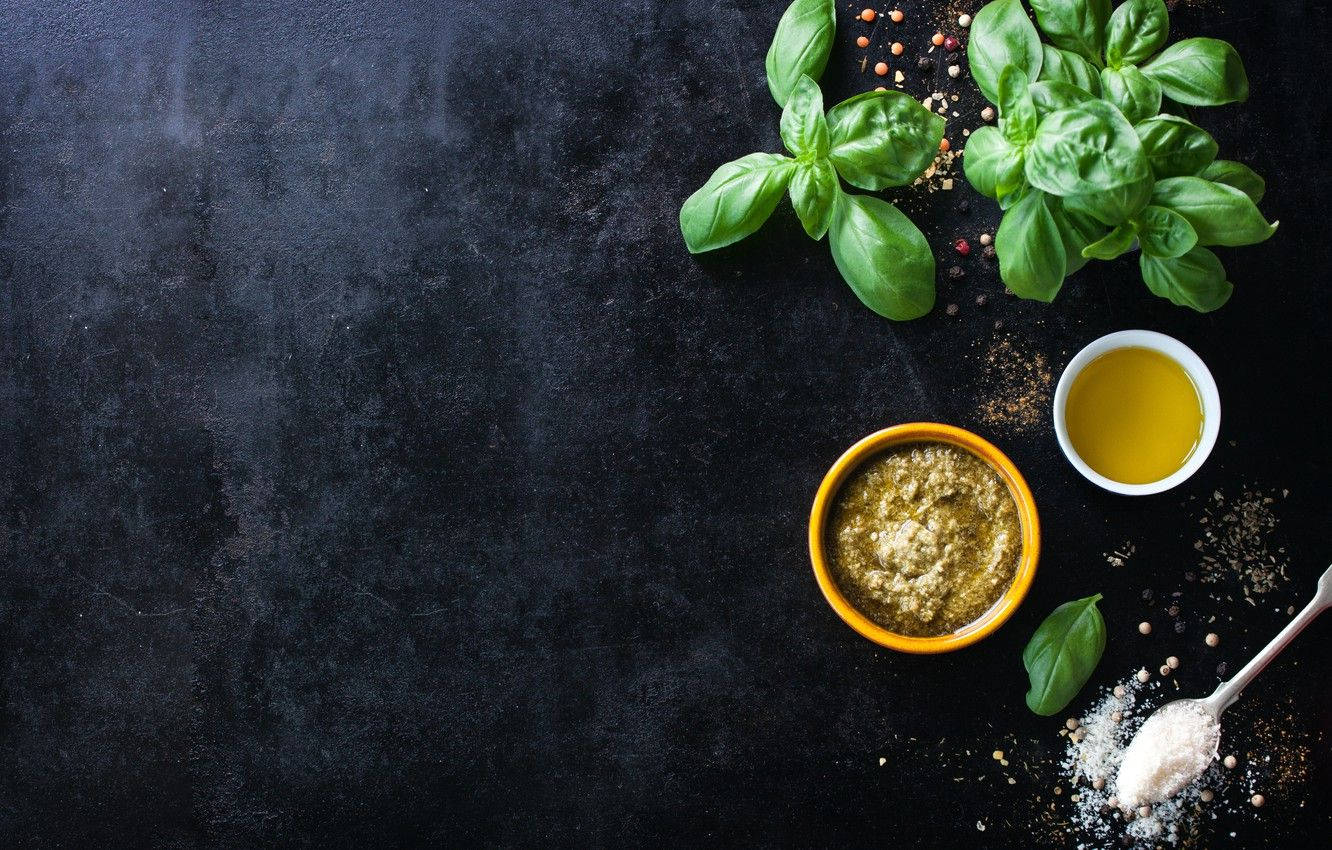 basil herb leaves, fresh basil pesto, yellow bowl, HD Desktop Wallpaper