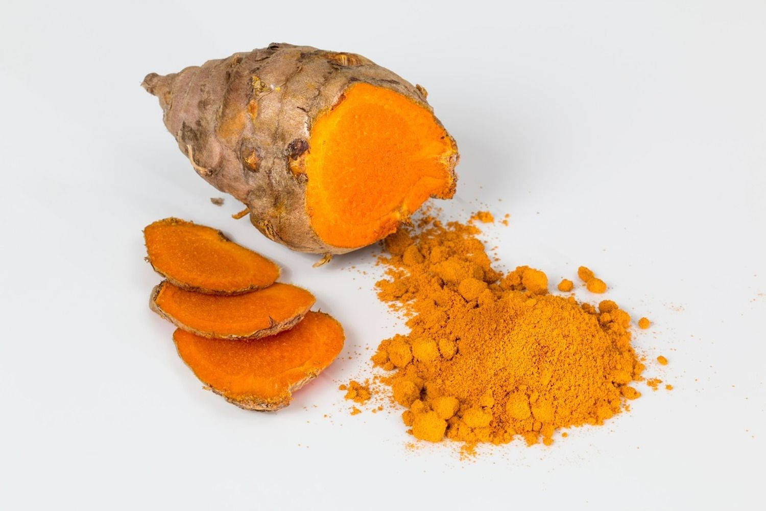 orange turmeric powder, turmeric root slices, clean white background, HD Desktop Wallpaper