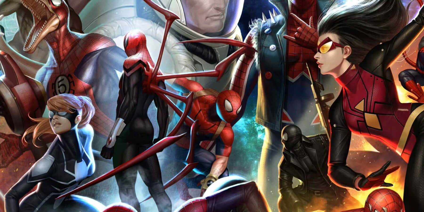 Spider-Geddon, red black and blue suits, cosmic backdrop, HD Desktop Wallpaper