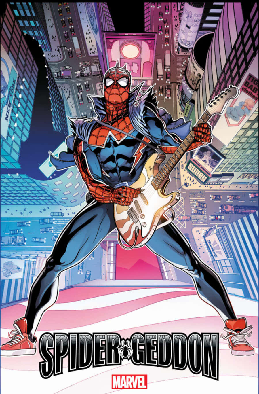 Spider-Geddon, blue and red suit, white electric guitar, HD Phone Wallpaper