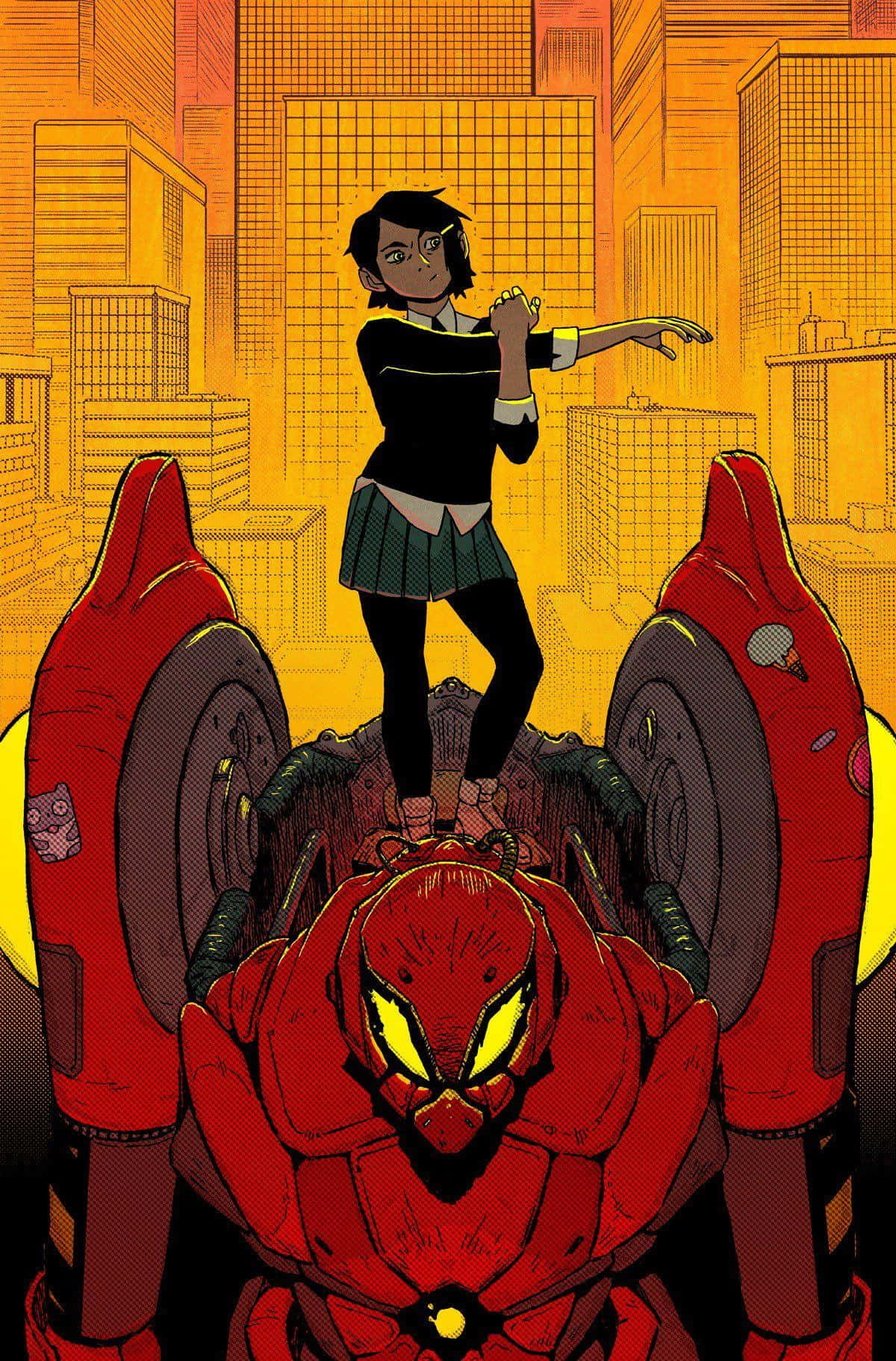 Spider-Geddon, red armored robot, stylized orange cityscape, HD Phone Wallpaper