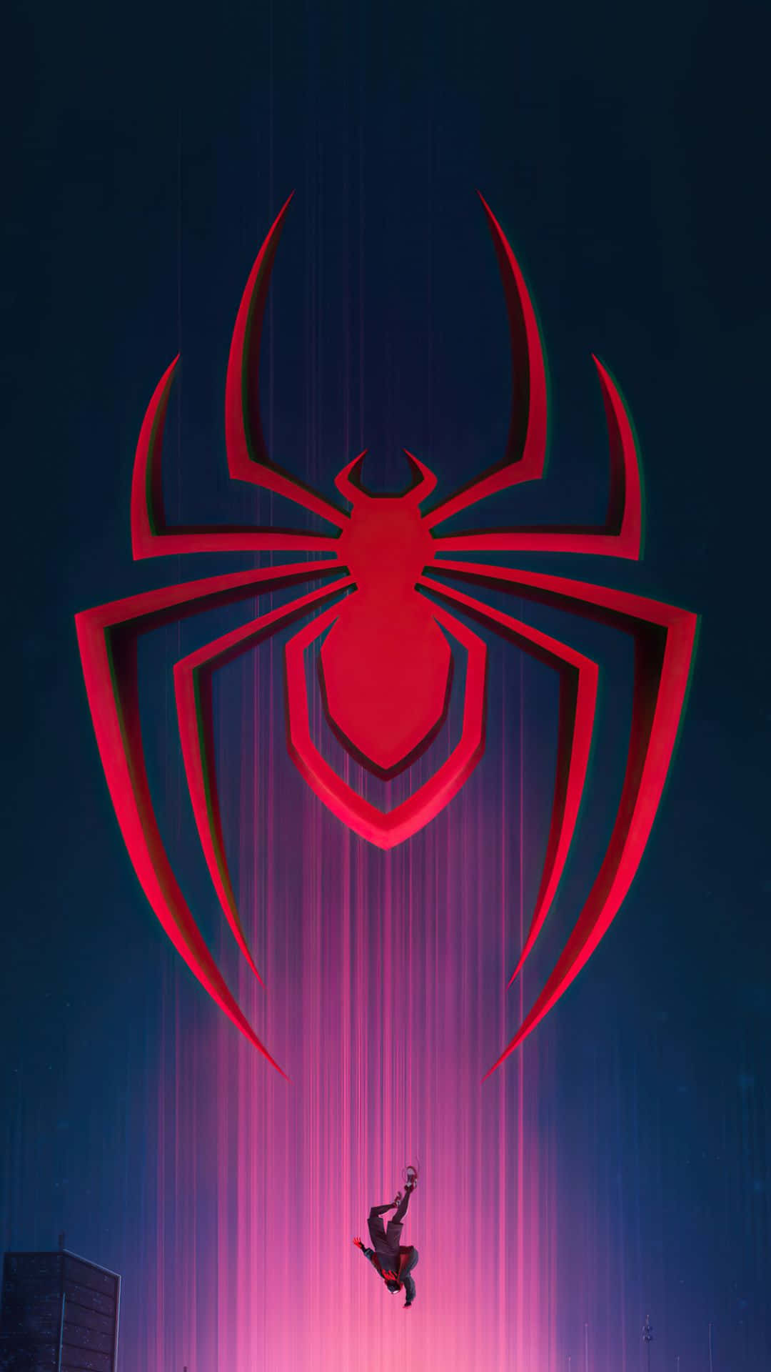 Red Spider, glowing red spider emblem, vibrant pink and blue neon cityscape, Full HD Phone Wallpaper