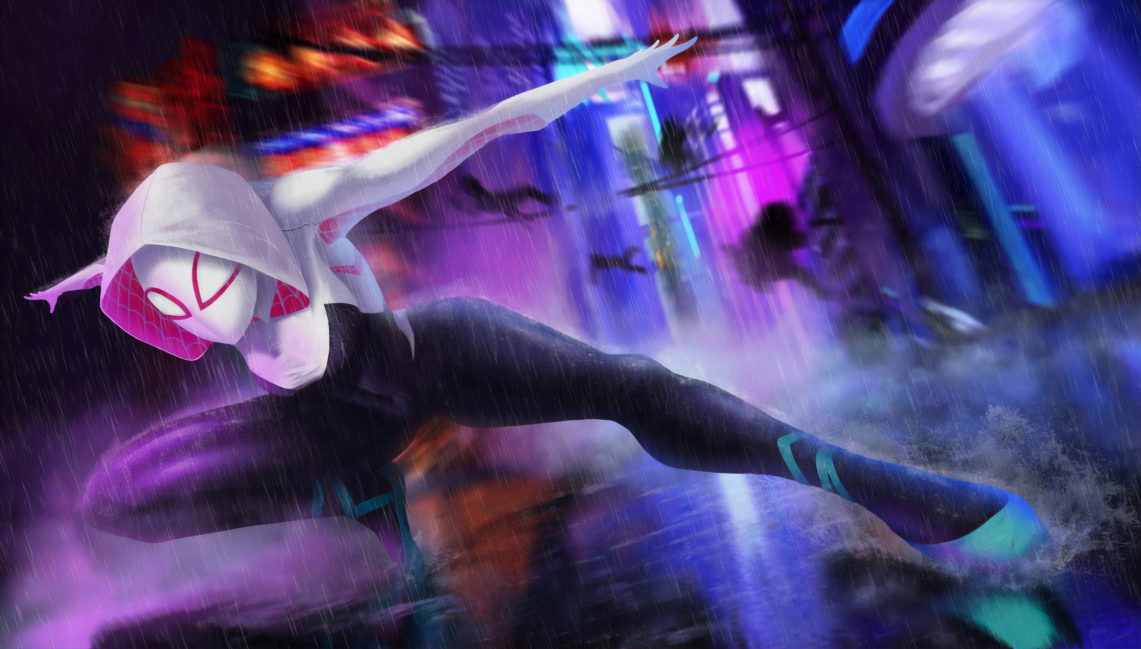Spider Gwen, neon-drenched rain, urban night scene, 4K Desktop Wallpaper