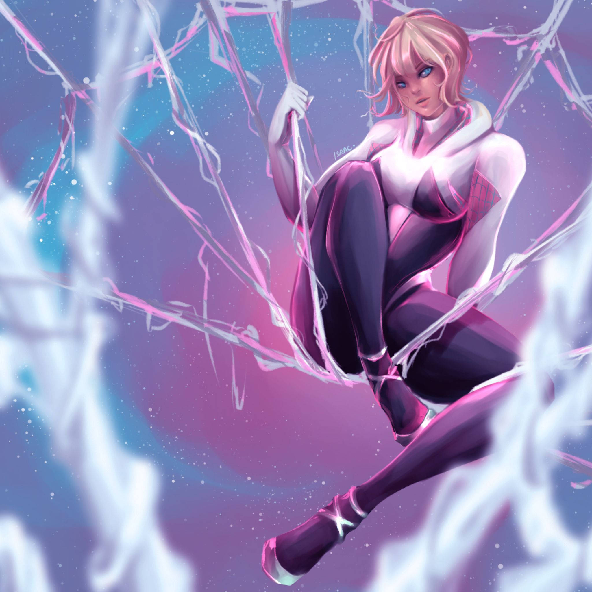 Spider Gwen, pink-haired anime girl, white and purple suit, Full HD Desktop Wallpaper