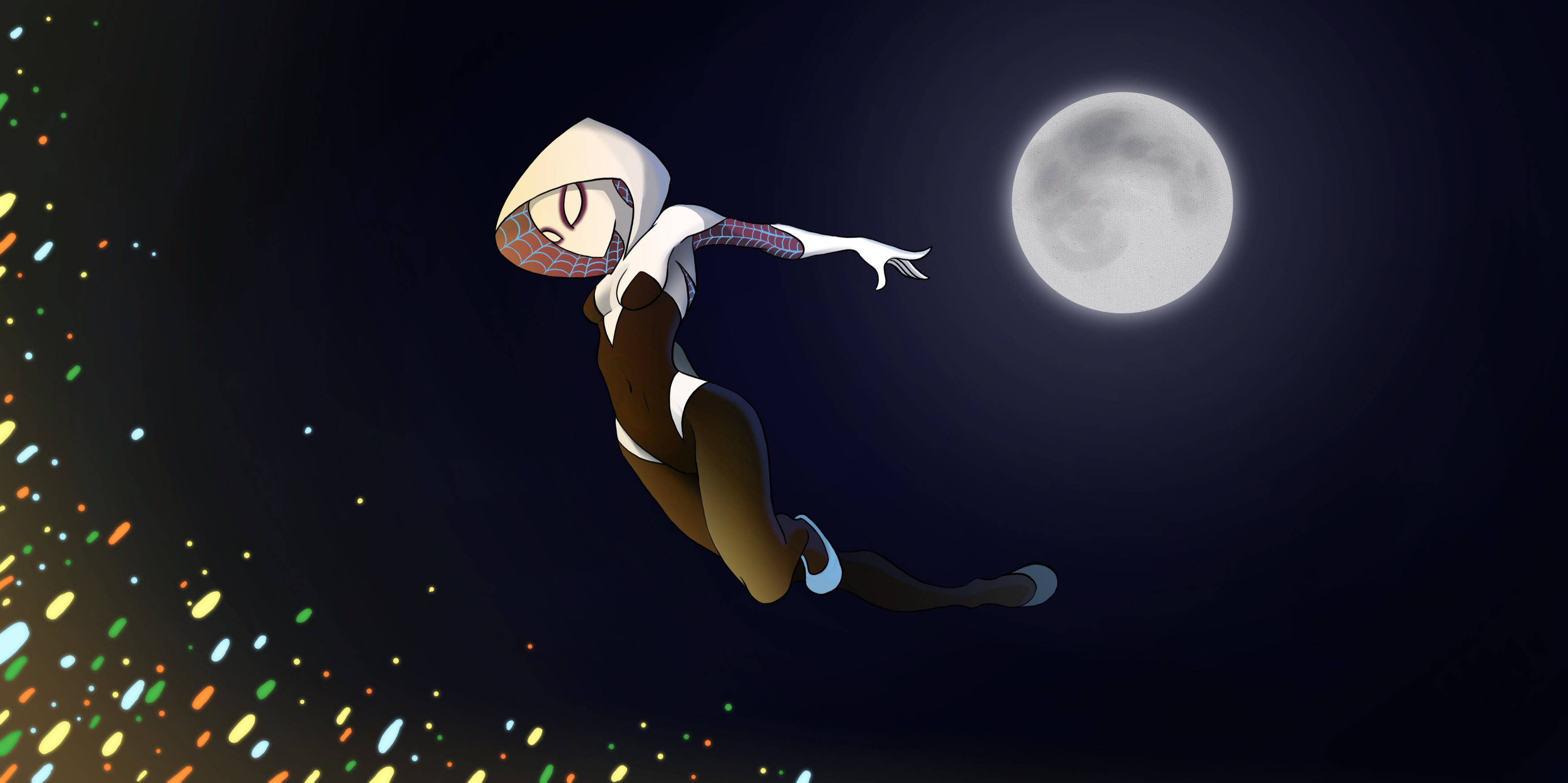 Spider Gwen, starry night sky, glowing full moon, 2K Desktop Wallpaper
