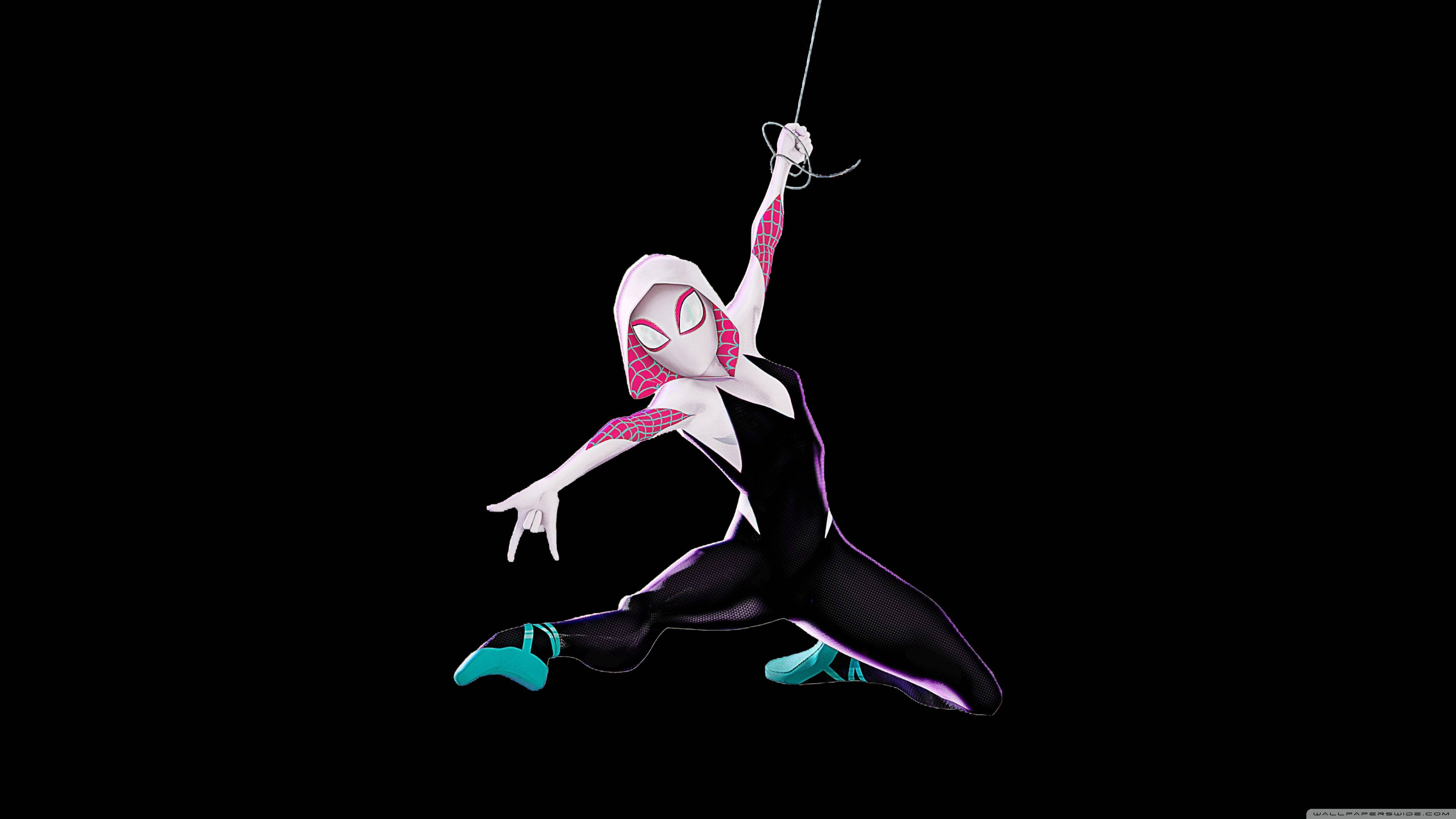 Spider Gwen, white pink and teal suit, black background, 4K Desktop Wallpaper
