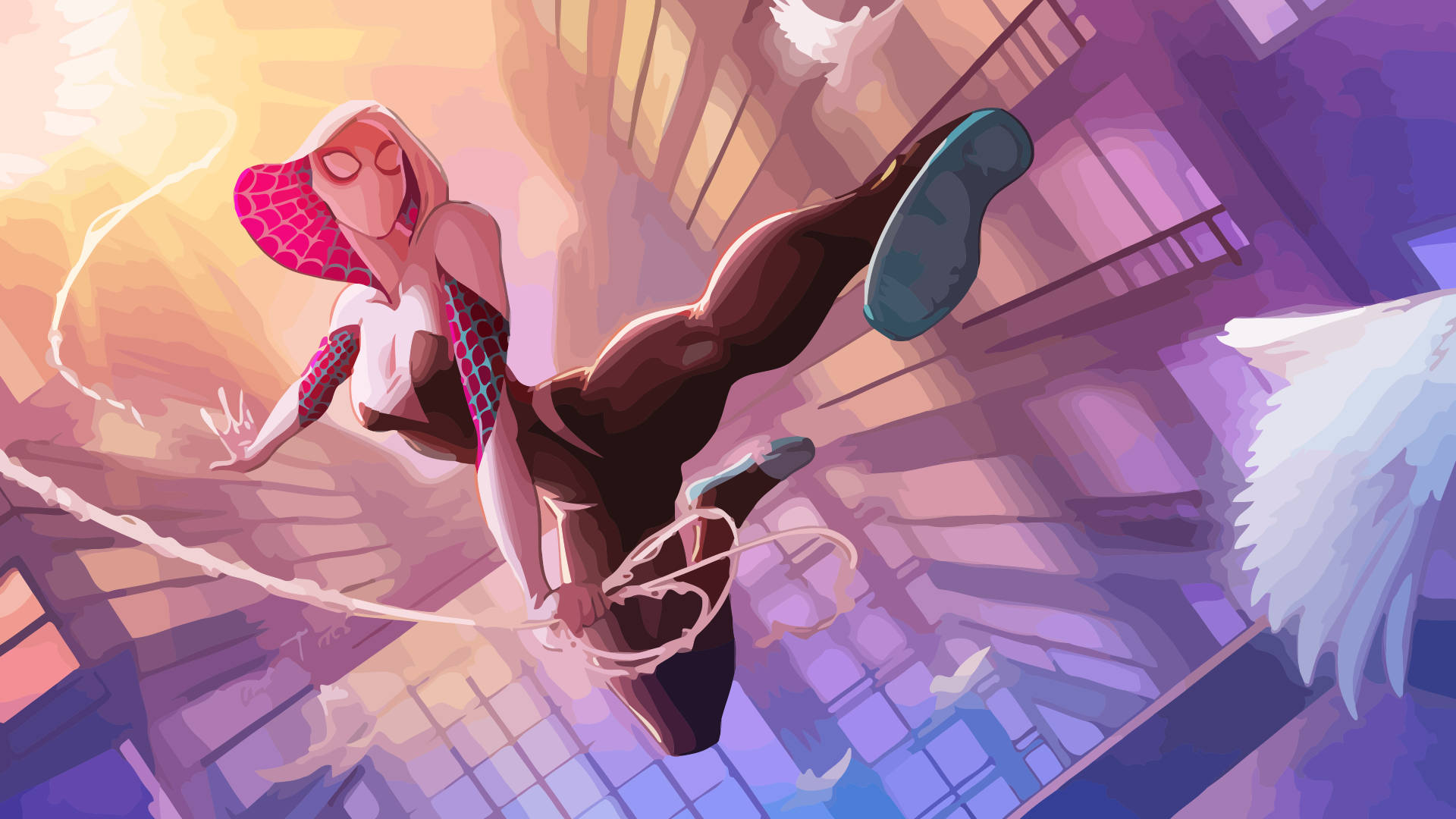 Spider Gwen, golden sunshine, stylized cityscape, Full HD Desktop Wallpaper