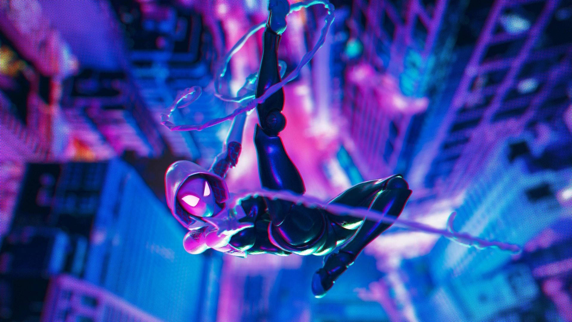Spider Gwen, neon-drenched cyberpunk cityscape, night, Full HD Desktop Wallpaper