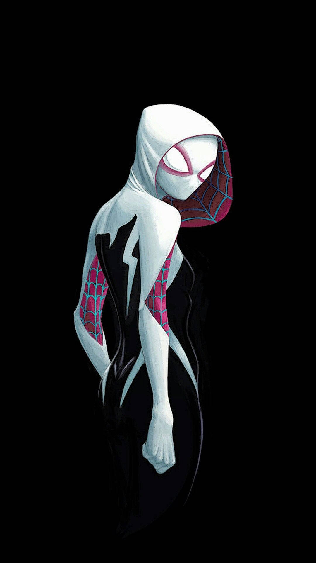 Spider-Gwen, white hooded, black background, Full HD Phone Wallpaper